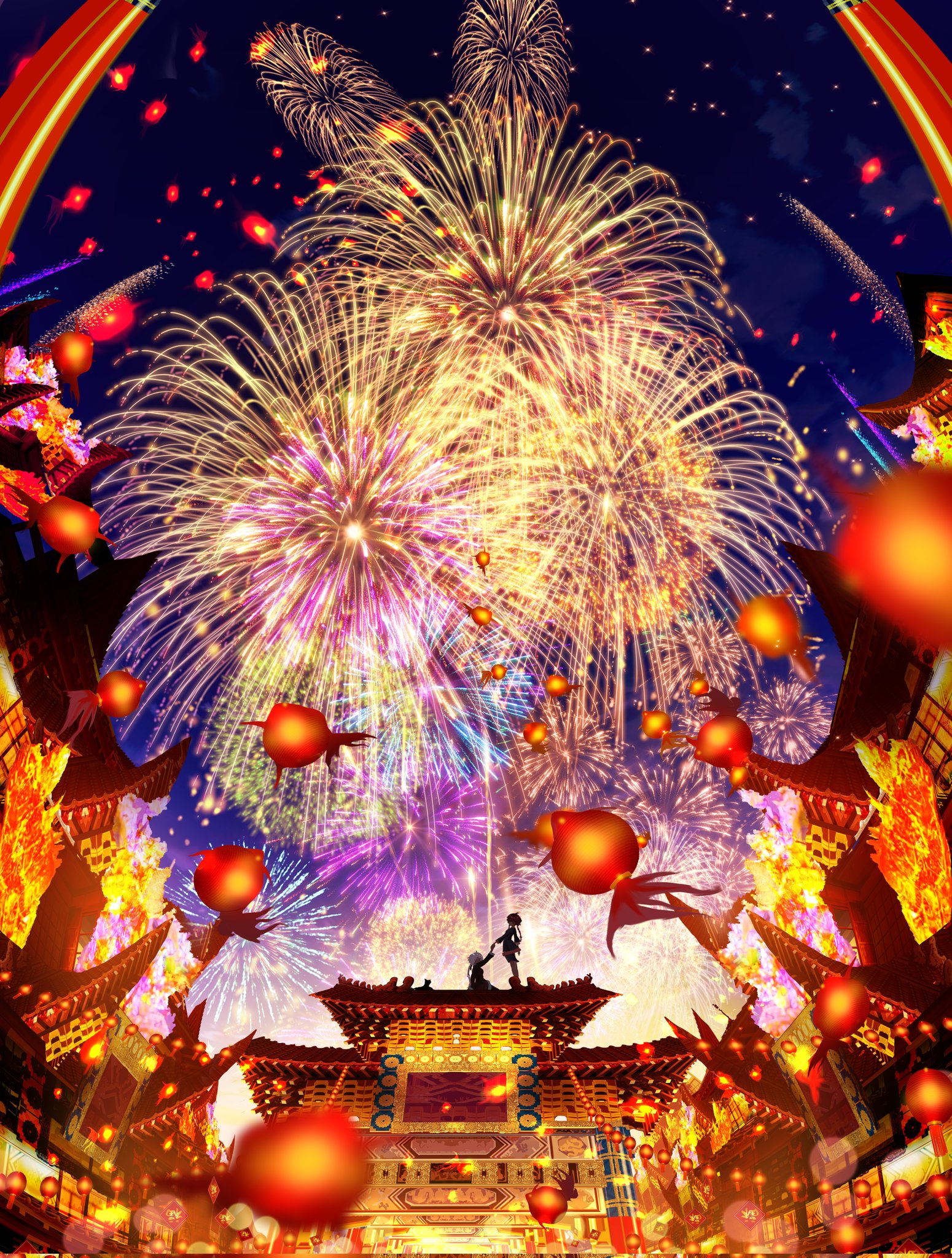 Fireworks New Year Makoron117 Vertical Anime Girls Lantern Building Night 1550x2048