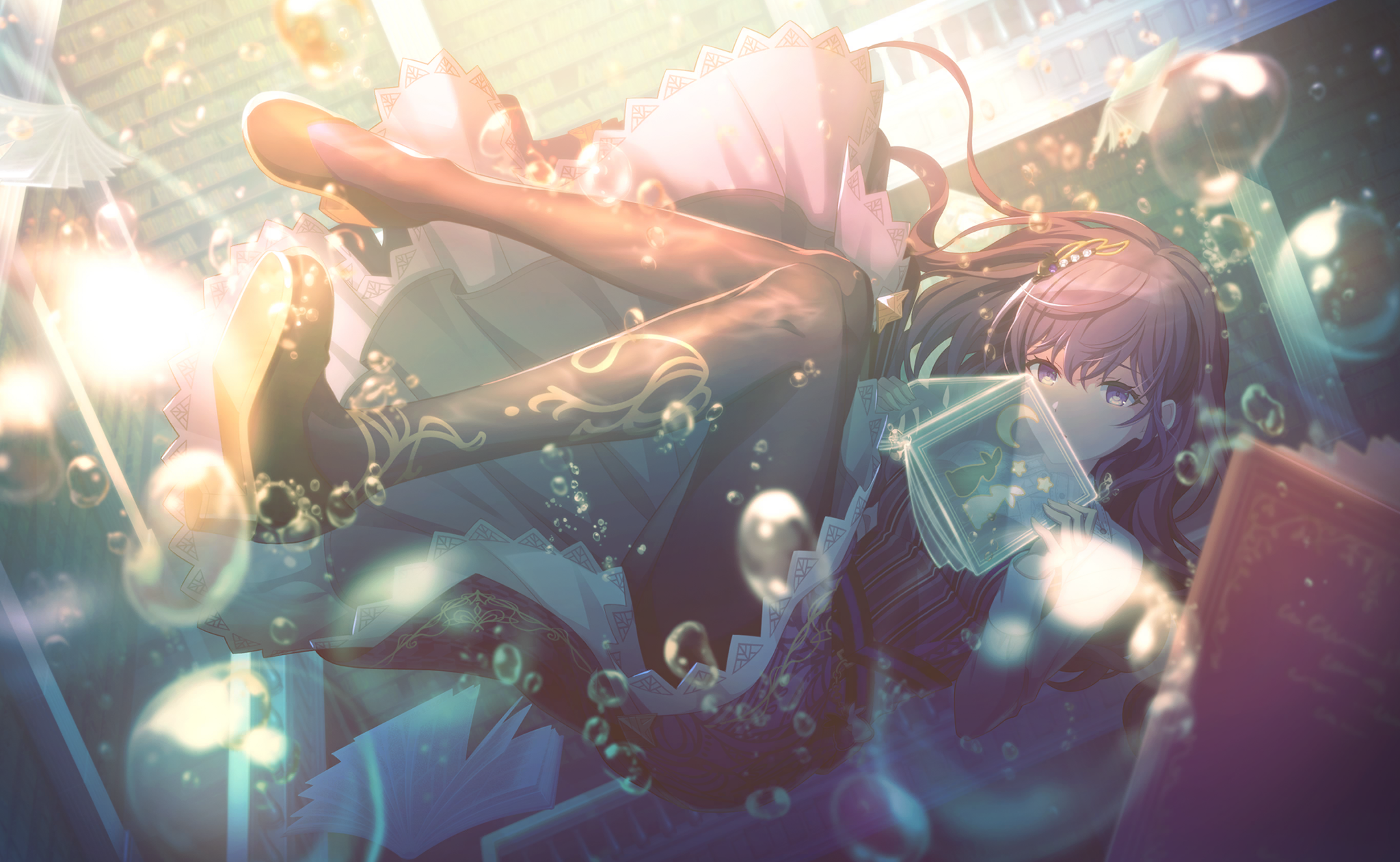 Anime Anime Girls Water Bubbles Underwater Blinds Looking At Viewer Long Hair Books 2048x1261