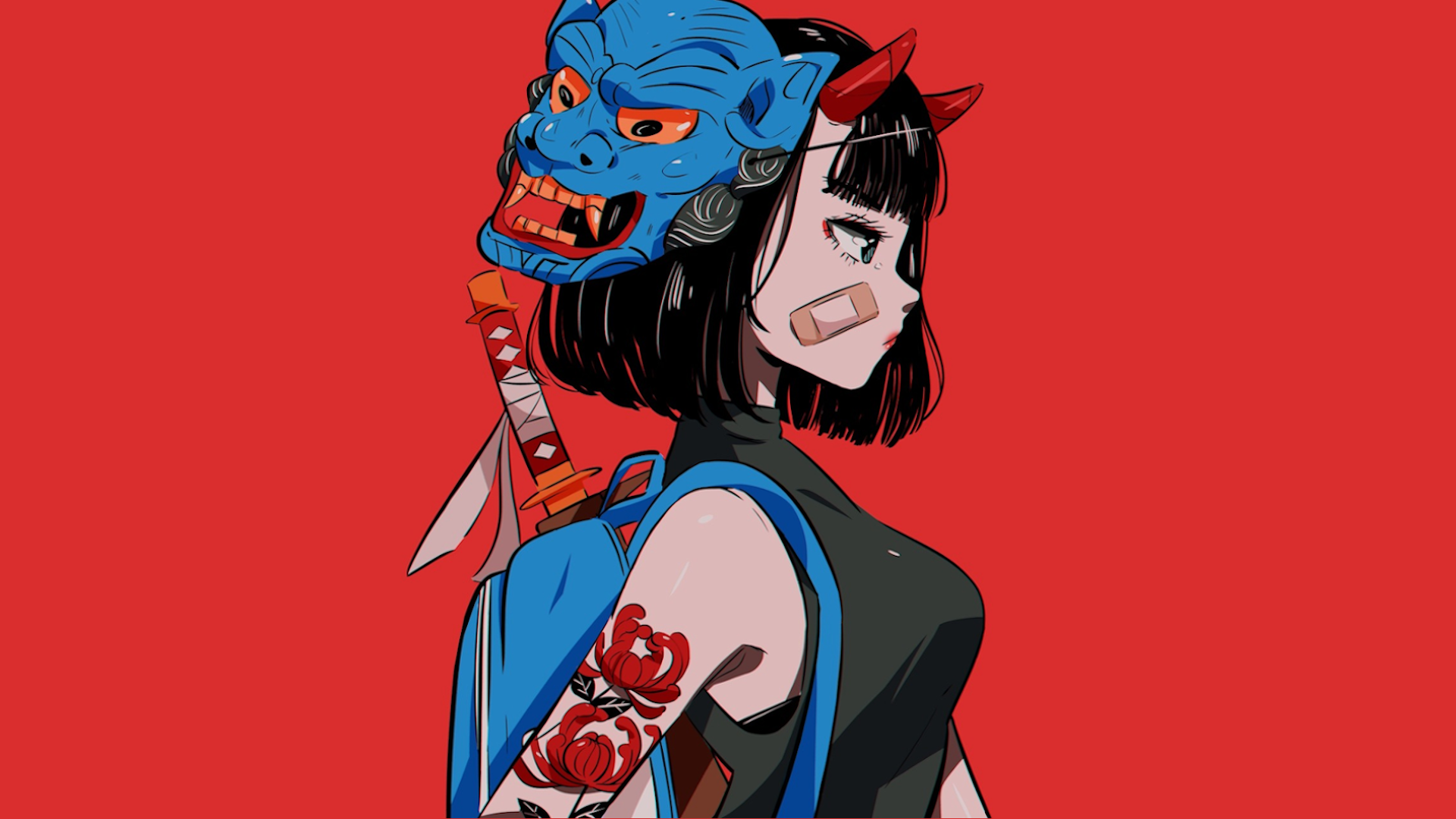 Anime Girls Demon Hunter Japanese Art Minimalism Red Background Simple Background Bandage 1920x1080