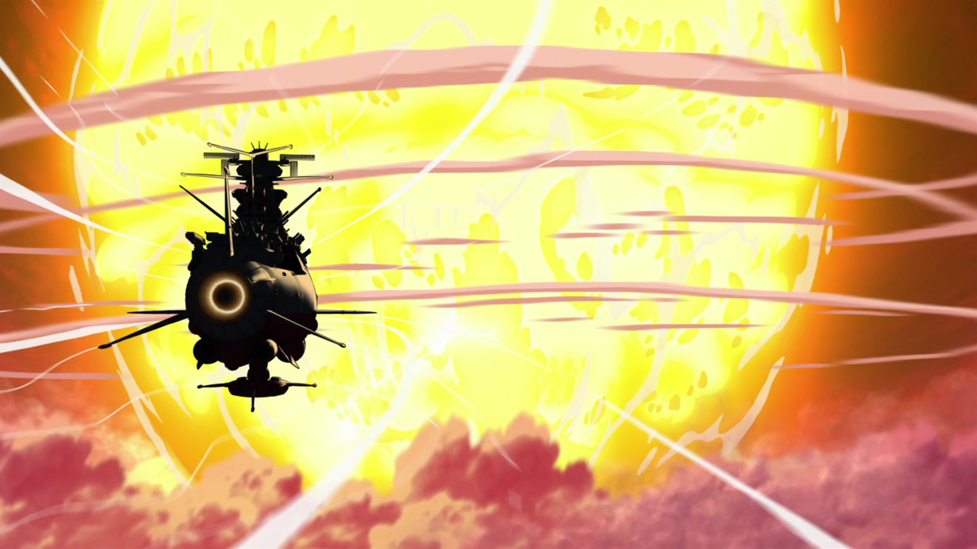 Space Battleship Yamato 2199 Explosion Yamato Ship Aircraft Anime Anime Screenshot Clouds 1920x1080