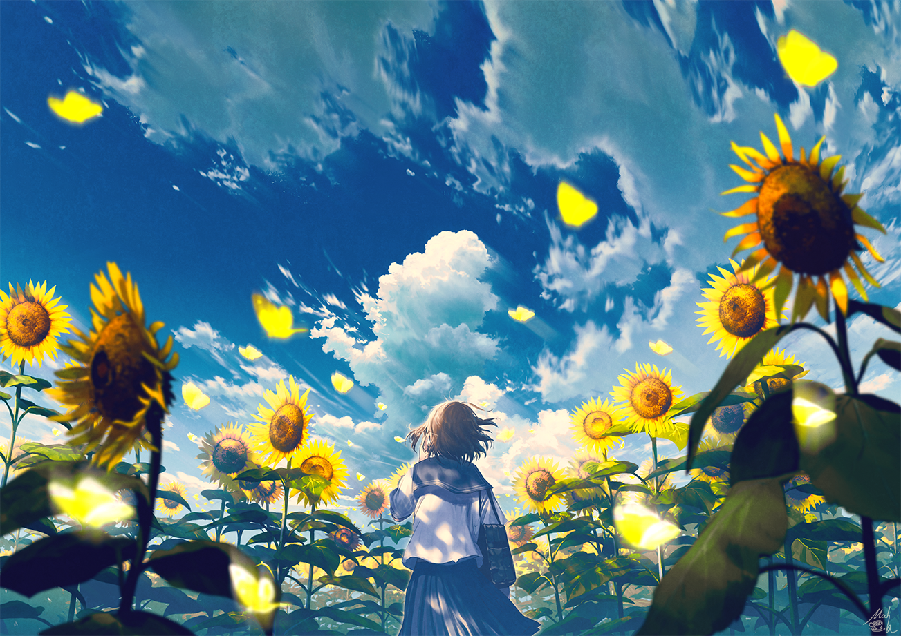 Pixiv Anime Field Sunflowers Flowers School Uniform Schoolgirl Rear View Petals Sky Low Angle Short  1303x921