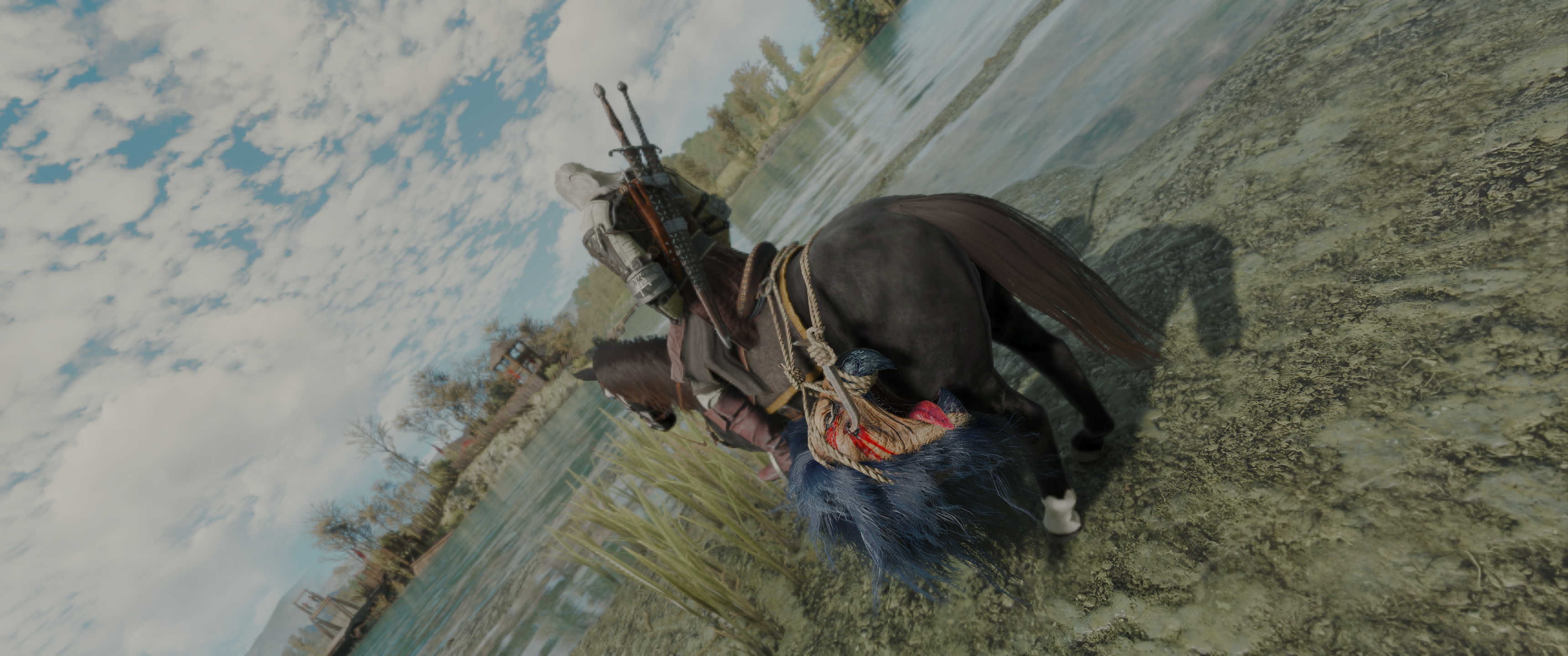 The Witcher 3 Wild Hunt Geralt Of Rivia Griffin Video Games CGi Sky Clouds Water Horse Sword Armor A 3440x1440