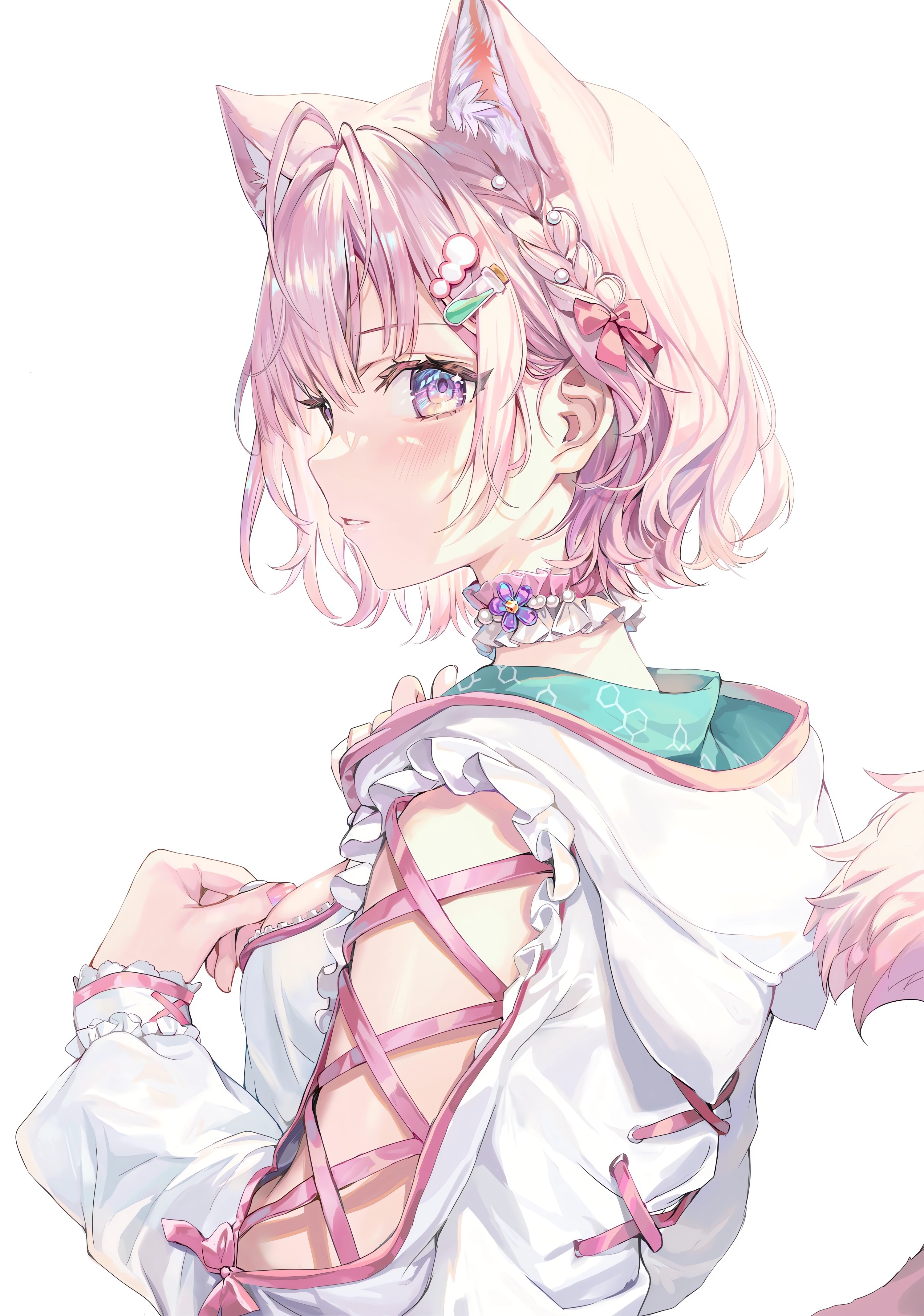 Anime Anime Girls Multi Colored Eyes Pink Hair Cat Girl Cat Ears Cat Tail Looking At Viewer Simple B 3000x4270