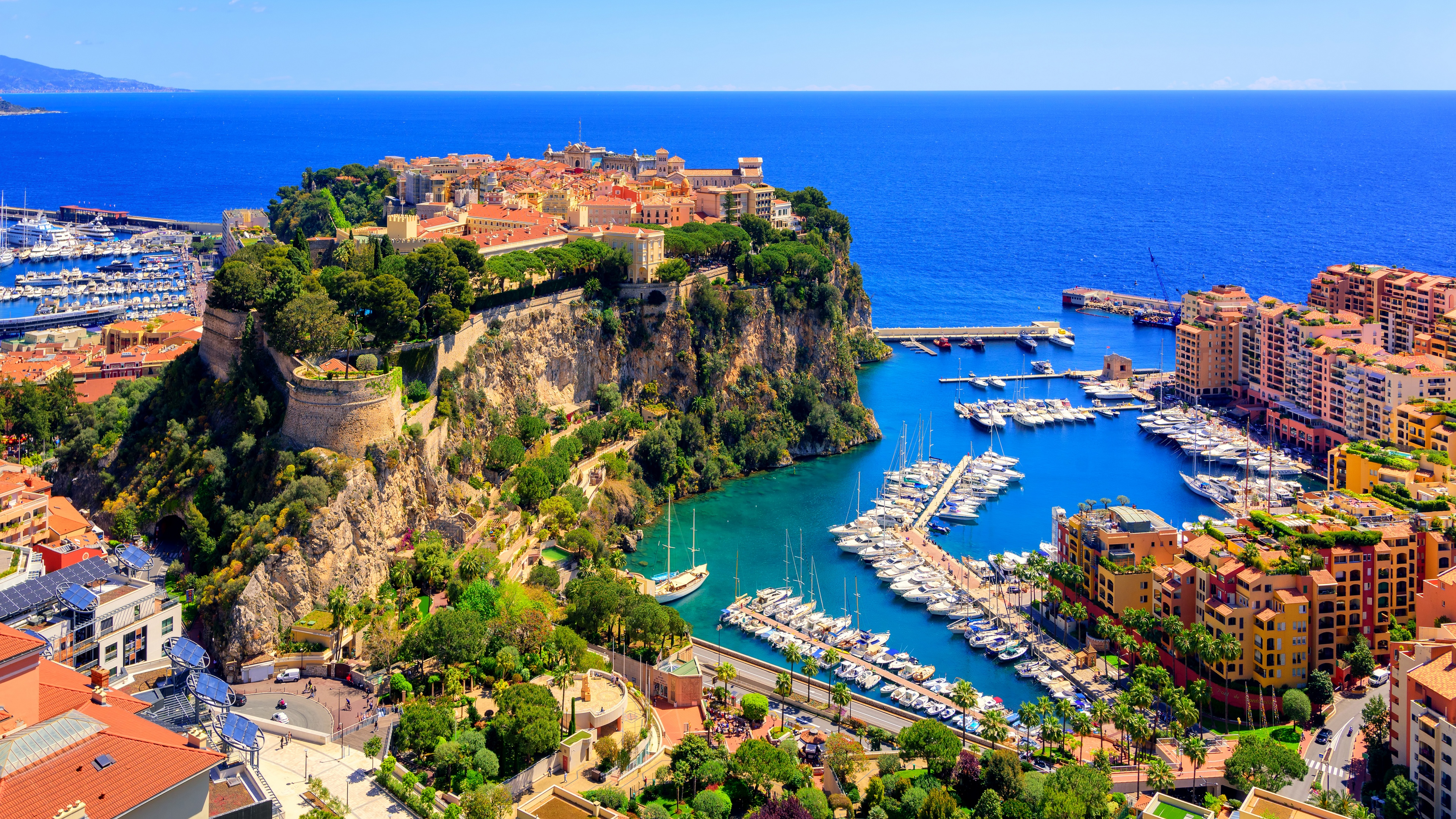 Monaco City Bay Sea Rock Pier Landscape Boat Sky 3840x2160