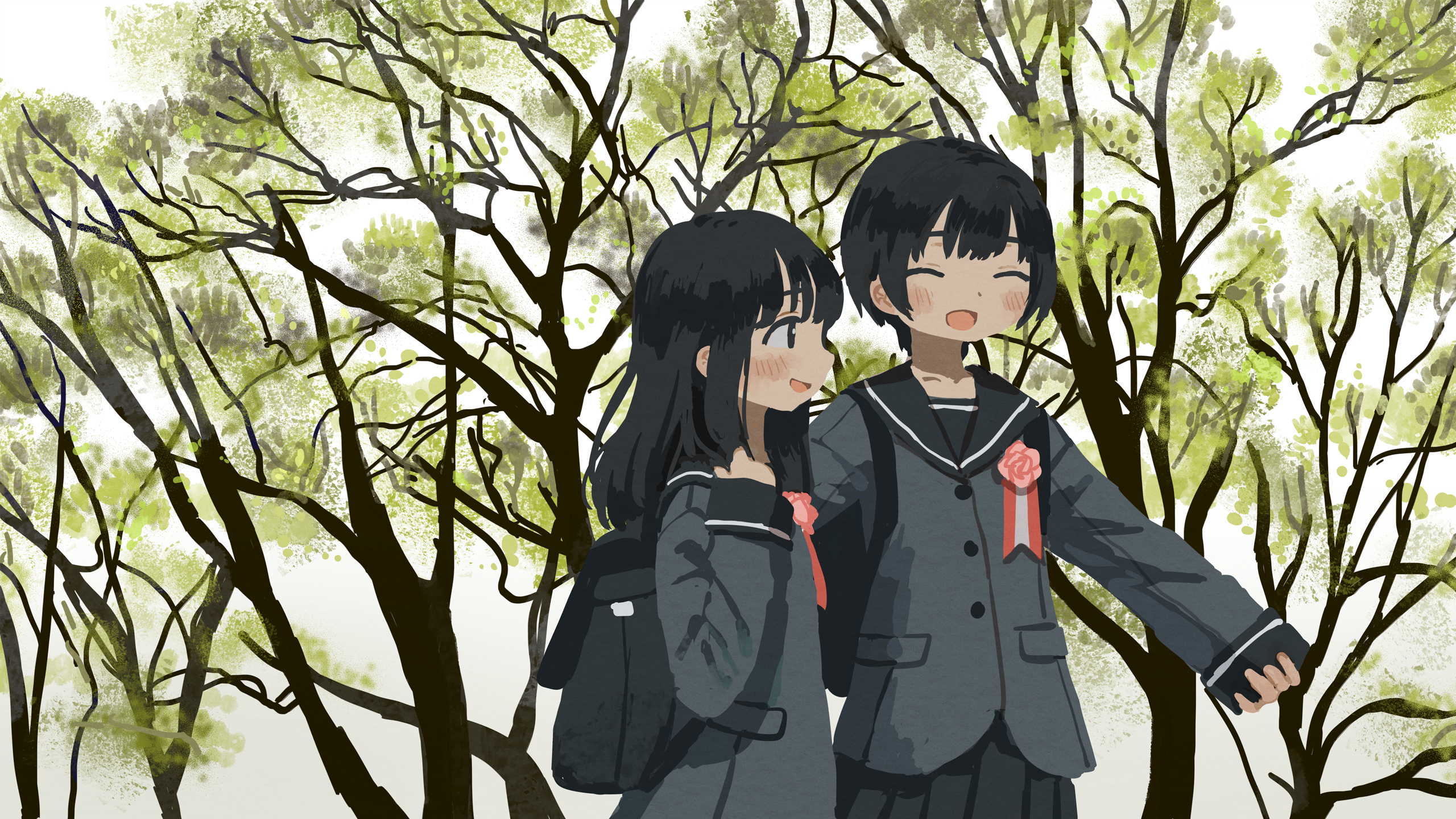 Anime Girls Anime Schoolgirl Sailor Uniform Pleated Skirt Trees Wood Blush Japan Japanese Clothes Zi 2560x1440