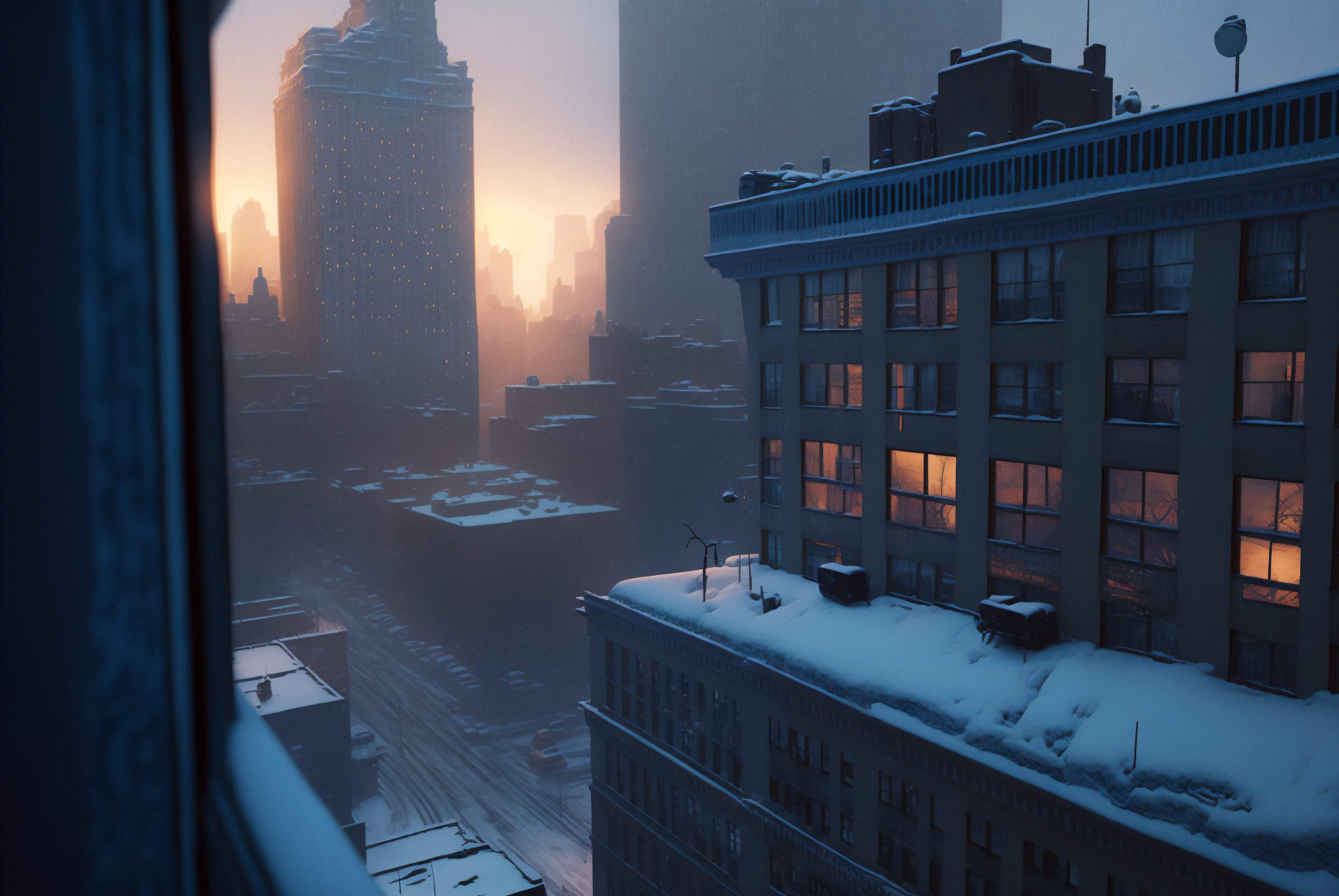 Ai Art Winter Snow City New York City Building Dawn Sunrise 3060x2048