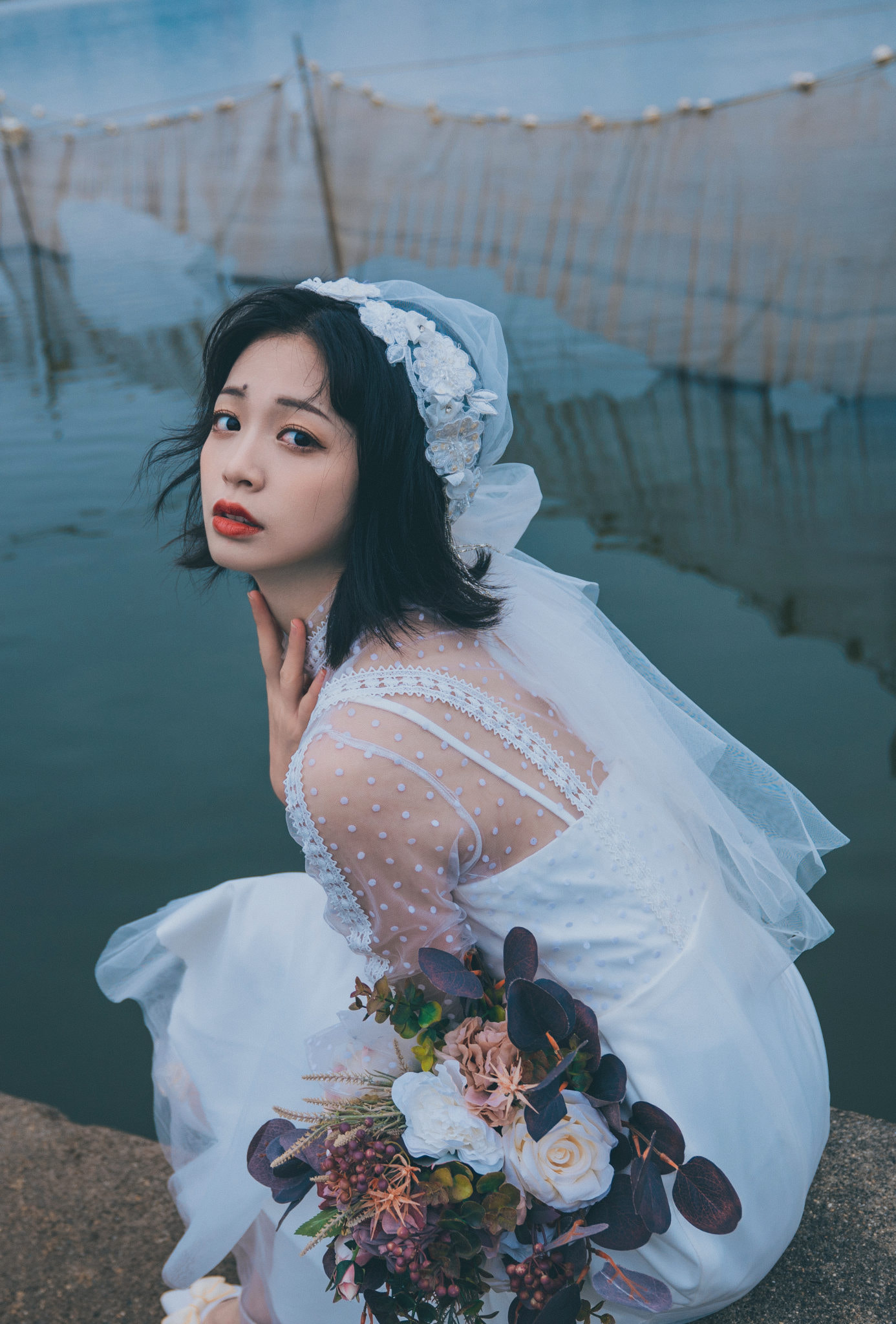 Qin Xiaoqiang Women Asian Dark Hair Wedding Dress Flowers Water Moles 1386x2048