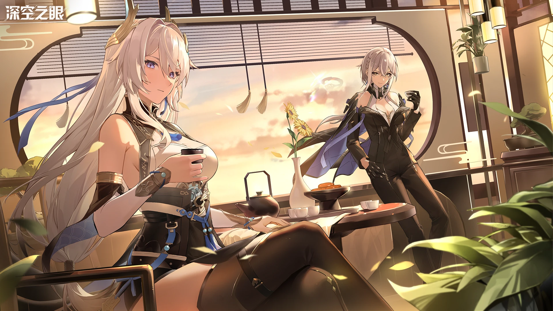 Anime Girls Anime Games Legs Crossed Leaves Looking At Viewer Sunset Sunset Glow Gloves Long Hair Fl 1920x1080