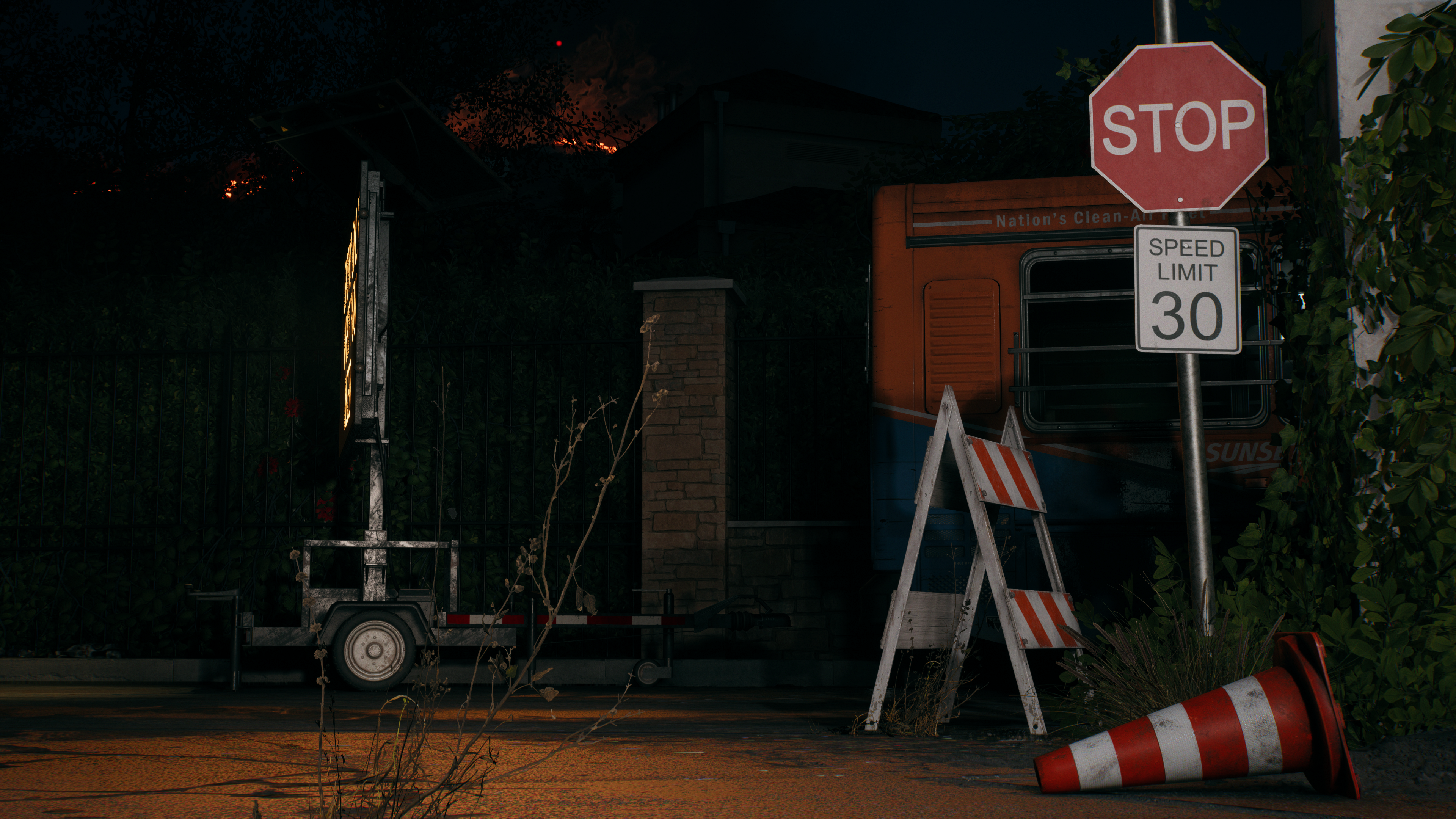 Dead Island 2 Nvidia RTX Video Games CGi Sign Stop Sign Night Traffic Cone Leaves 3840x2160