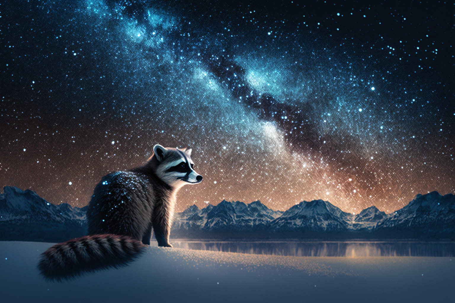 Arctic Raccoons Ai Art Animals Snow Mountains Stars Starry Night Water Reflection 1536x1024