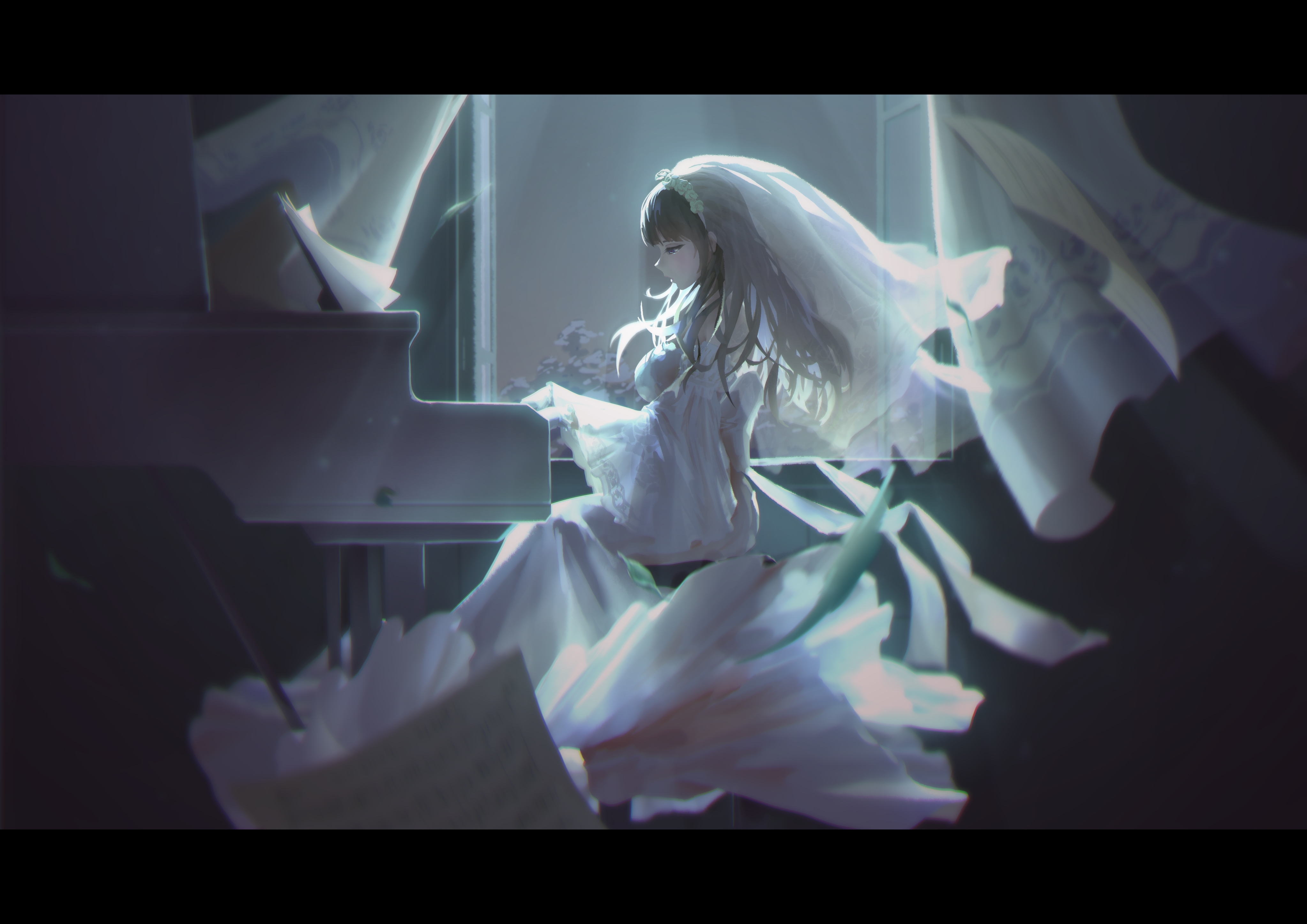 Anime Anime Girls Pixiv Musical Instrument Veils Sitting Paper Indoors Women Indoors Night Long Hair 4093x2894