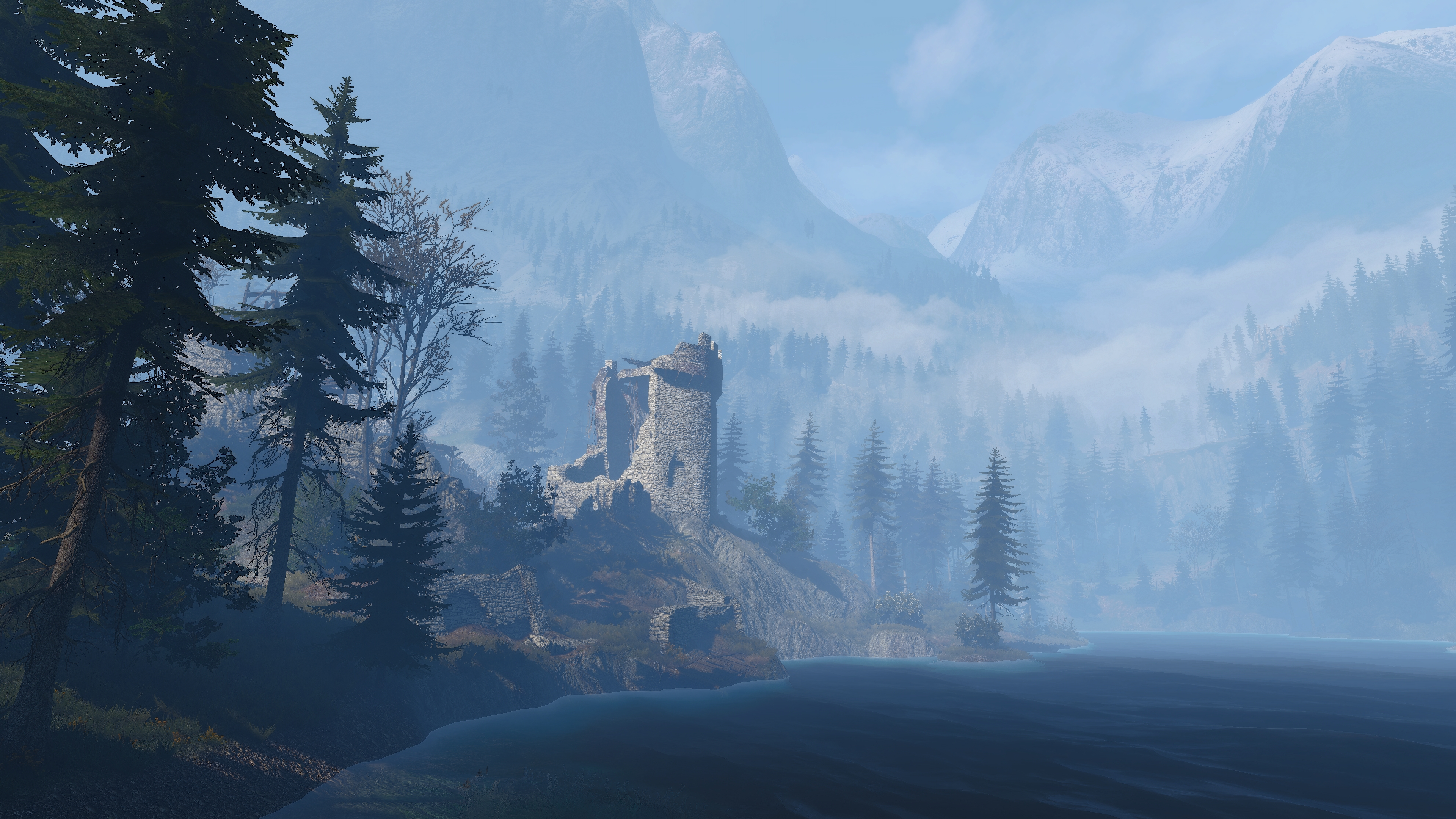 The Witcher 3 Wild Hunt PC Gaming Screen Shot Lake Kaer Morhen Mist Mountains Ruins Forest Trees 3840x2160