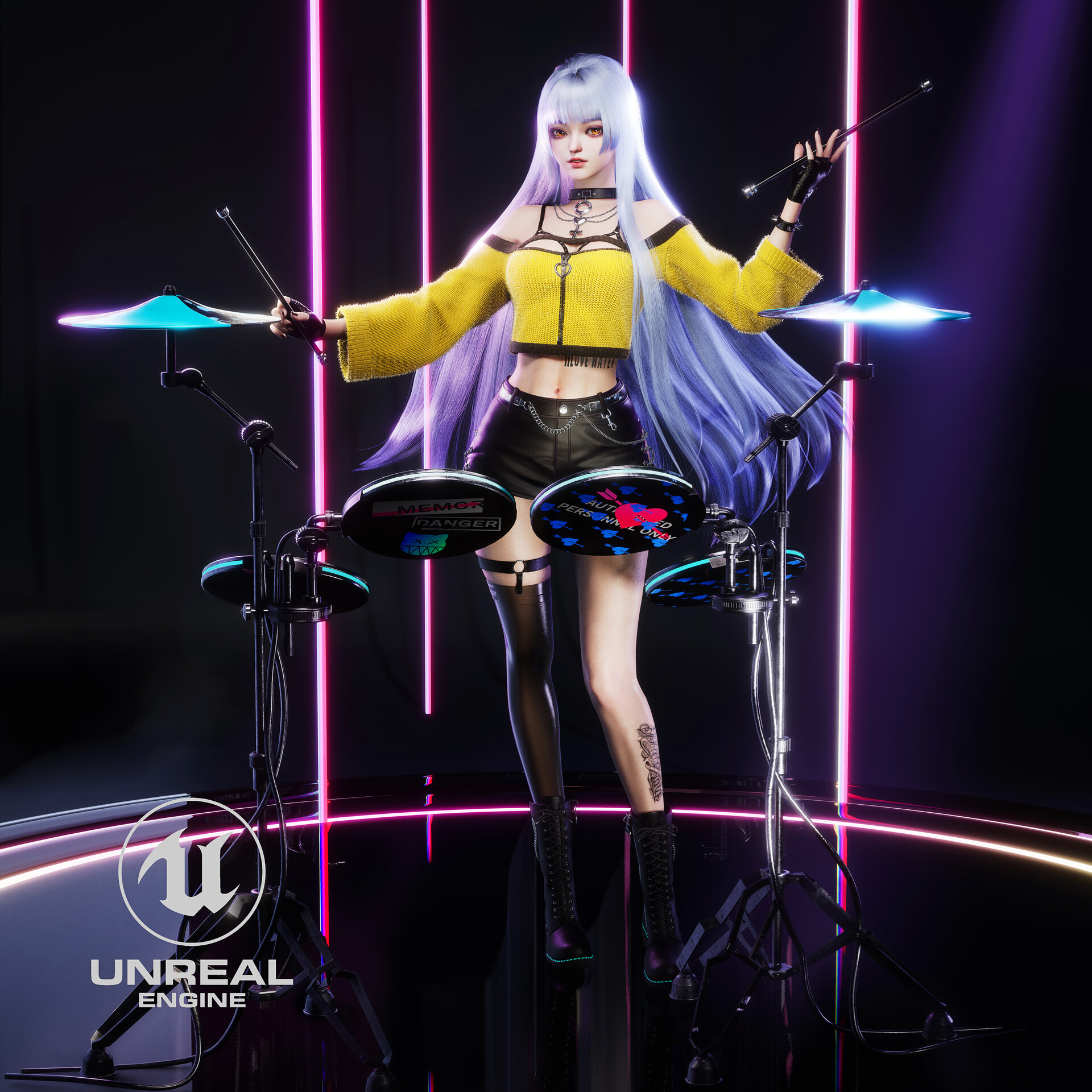 Jy Liang CGi Women Silver Hair Drummer Shorts Drums Digital Art Simple Background Long Hair Minimali 1920x1920