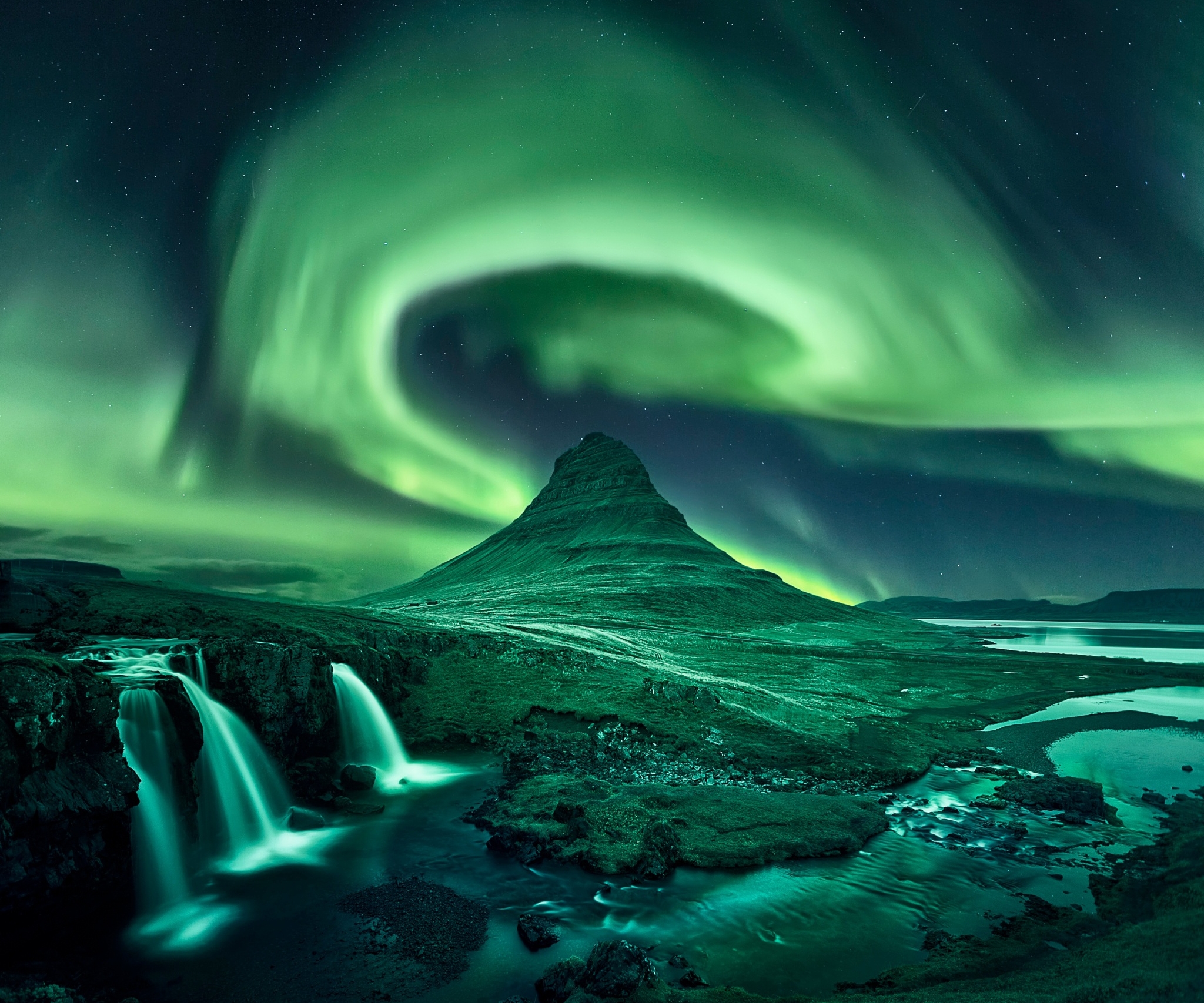 Iceland Night Nature Aurora Borealis Kirkjufoss 2048x1707