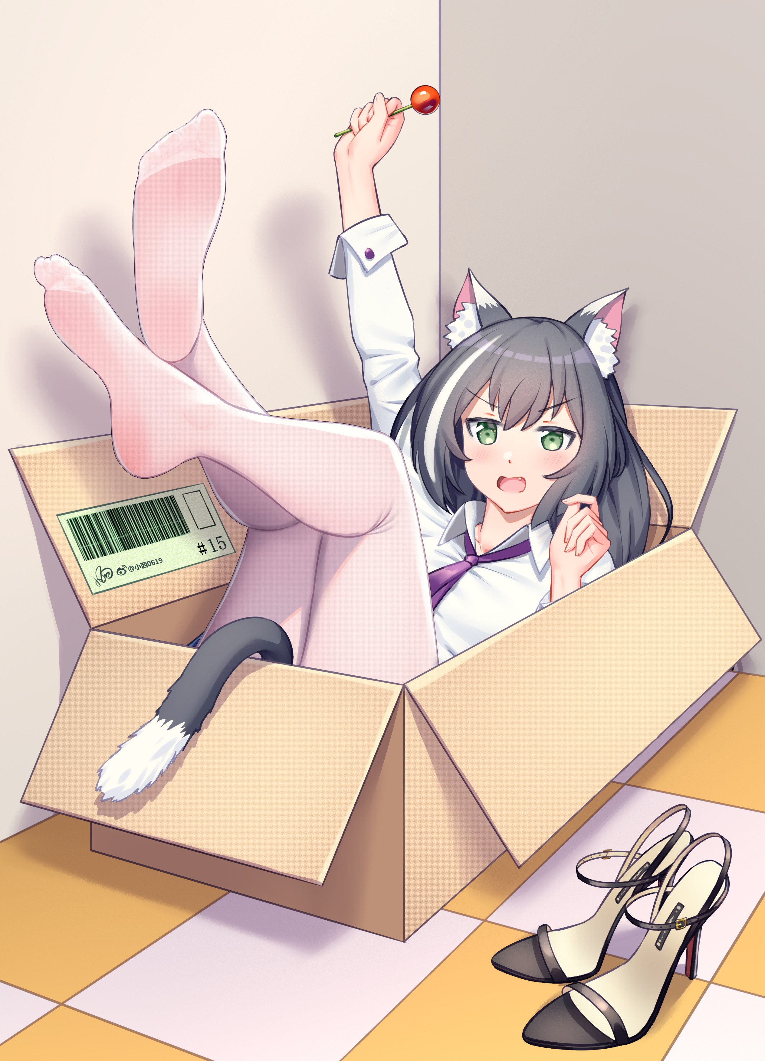 Cat Girl Vertical Anime Girls Cat Ears Cat Tail Cardboard Box Heels Two Tone Hair Lollipop Lying On  2528x3508