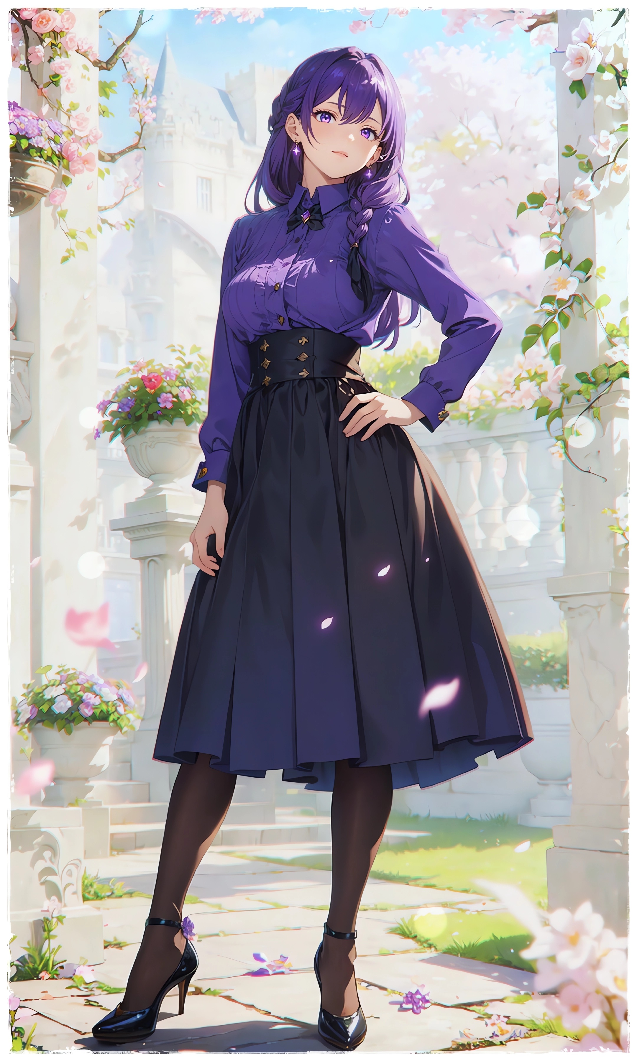 Anime Anime Girls Standing Portrait Display Purple Hair Purple Eyes Earring Hands On Hips Heels Flow 2160x3598