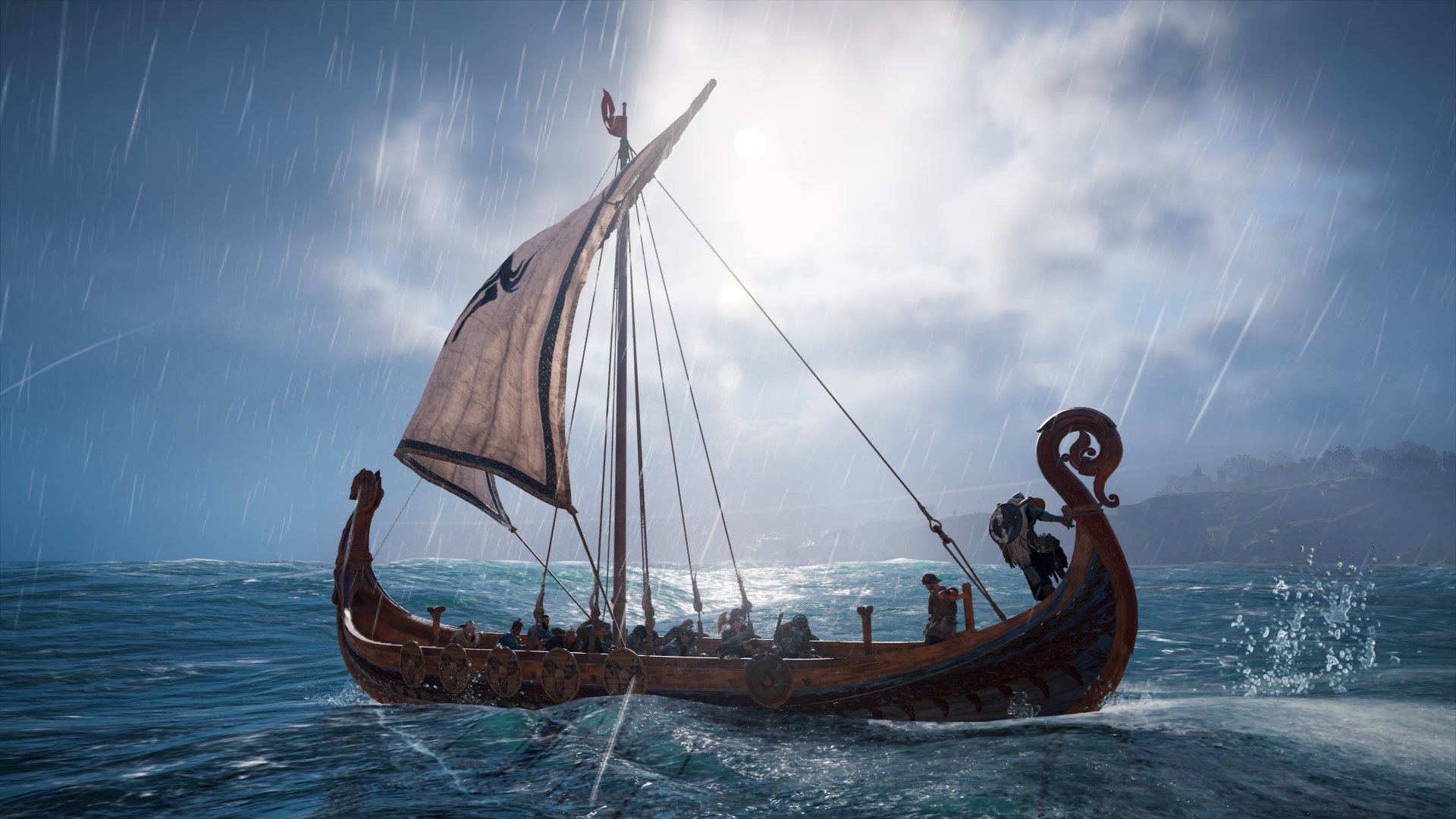 Assassins Creed Valhalla Vikings Ubisoft Video Games CGi Boat Rain Water Video Game Characters Cloud 1920x1080