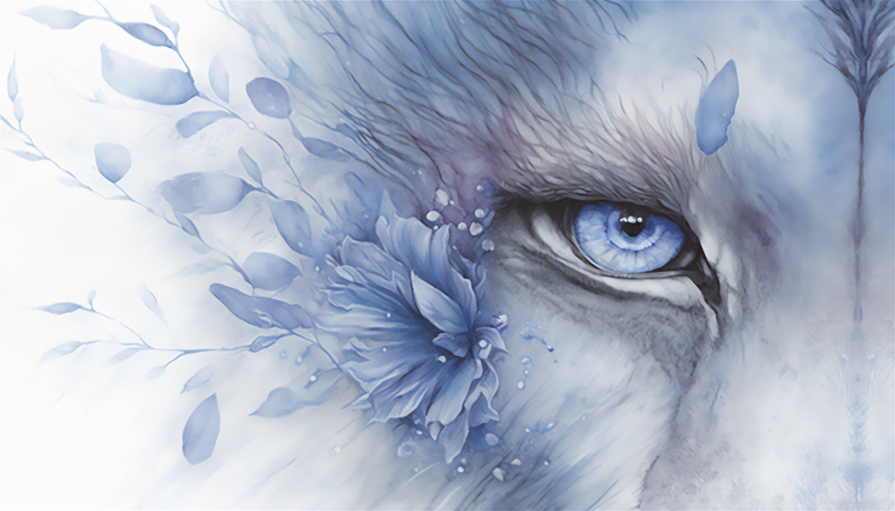 Ai Art Lion Watercolor Flowers Eyes Animals Minimalism Blue Eyes Petals Looking At Viewer 3136x1792