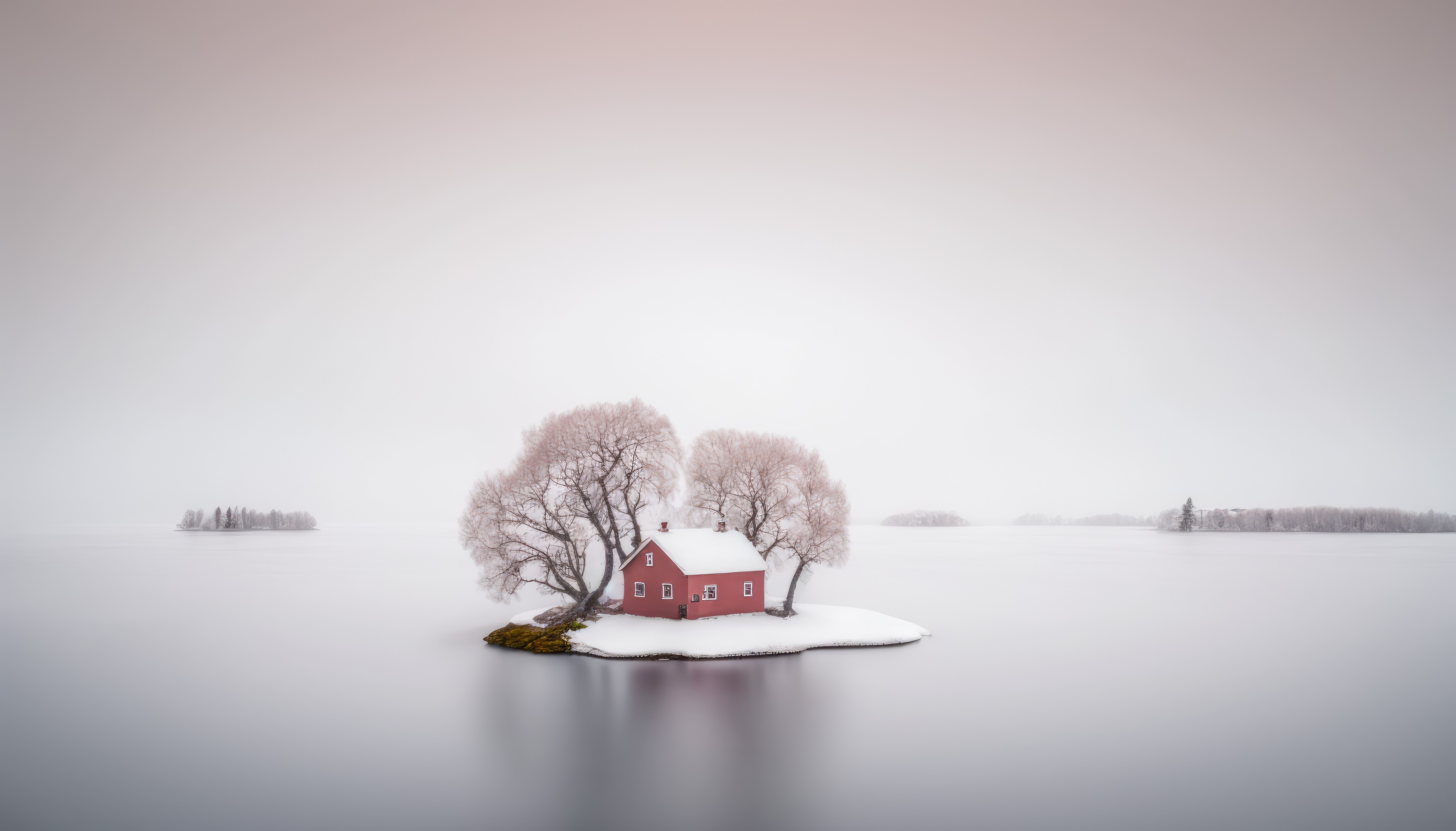 Ai Art Cottage Island Sweden Lake White Simple Background Minimalism Snow Trees House Water 4579x2616