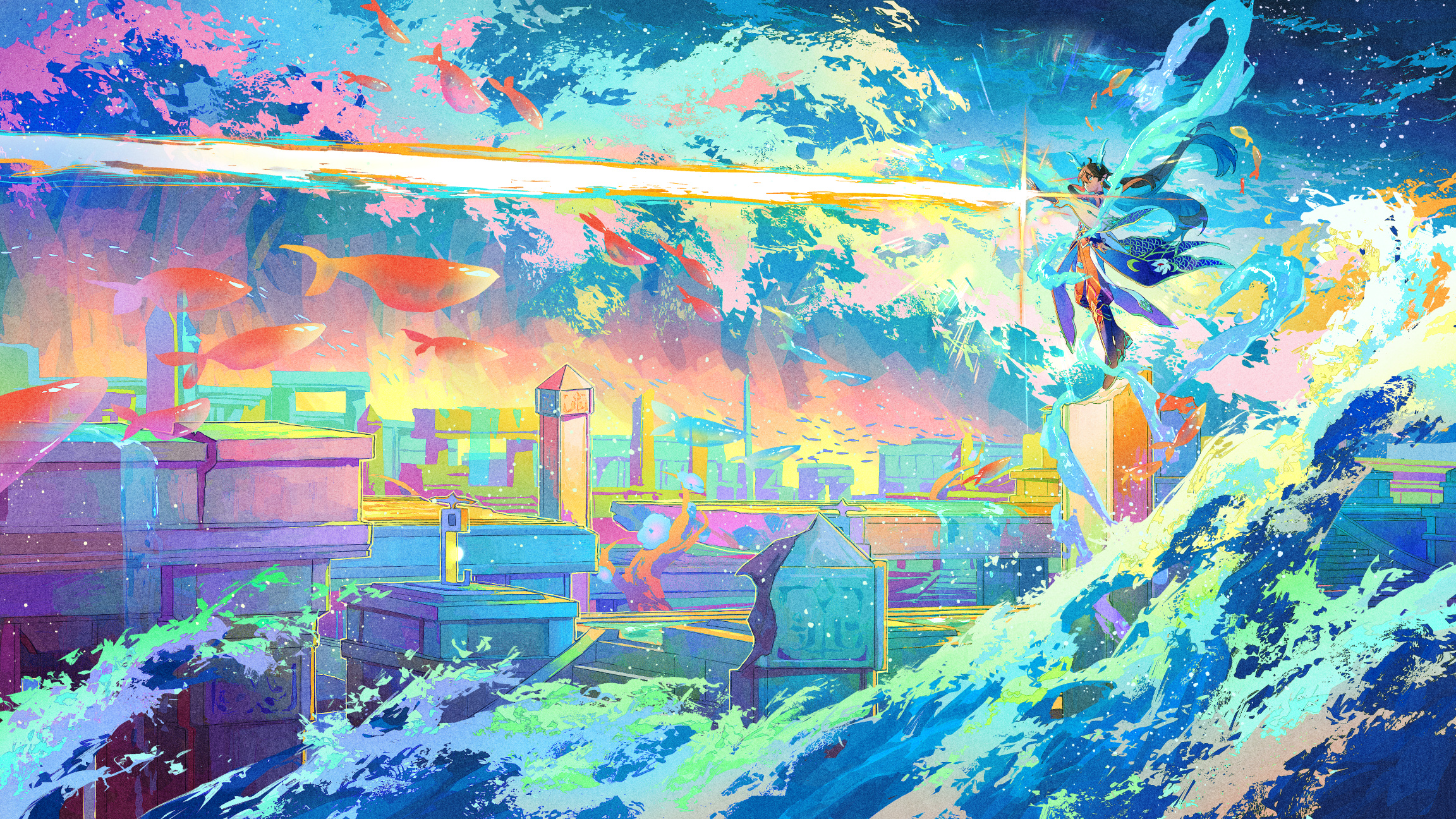 Anime Anime Girls Colorful Waves Water Fish Animals Dragon Horns Long Hair Pointy Ears Brunette Blue 2304x1296