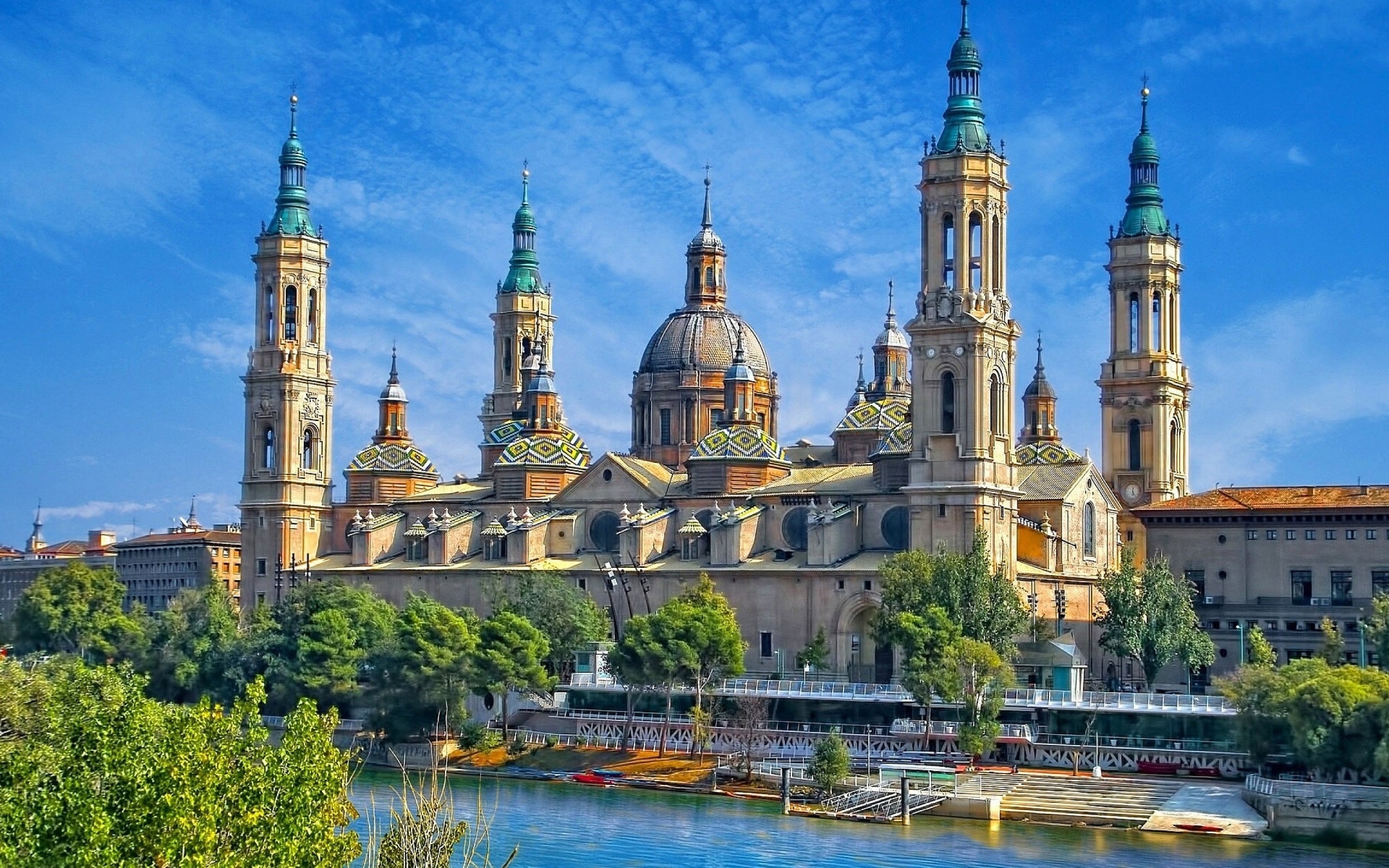 Basilica Of Our Lady Of The Pillar Zaragoza Spain Architecture Building Trees Water Sky 1920x1200