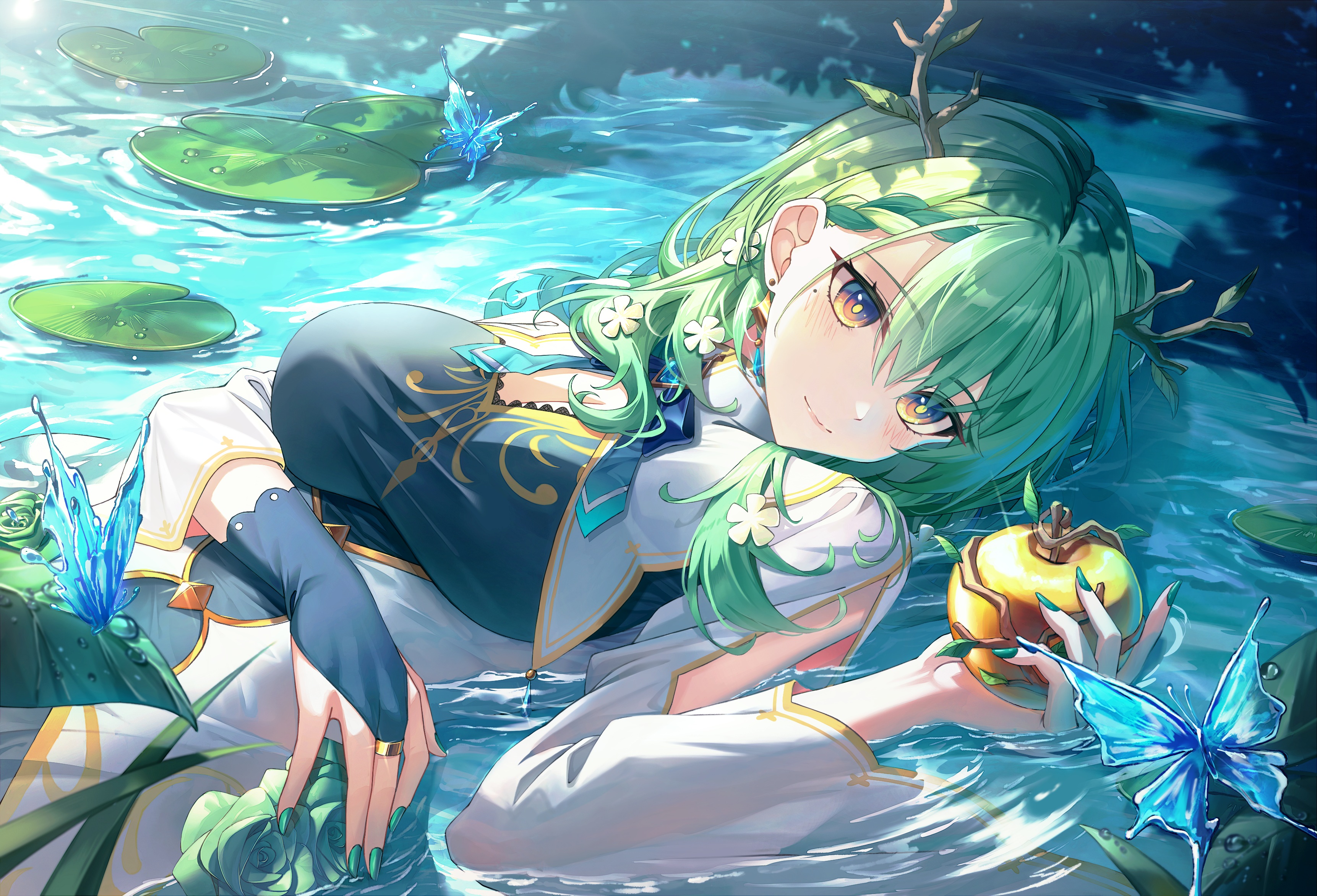 Anime Anime Girls Yellow Eyes Green Hair Water Butterfly Hololive Ceres Fauna 3446x2345