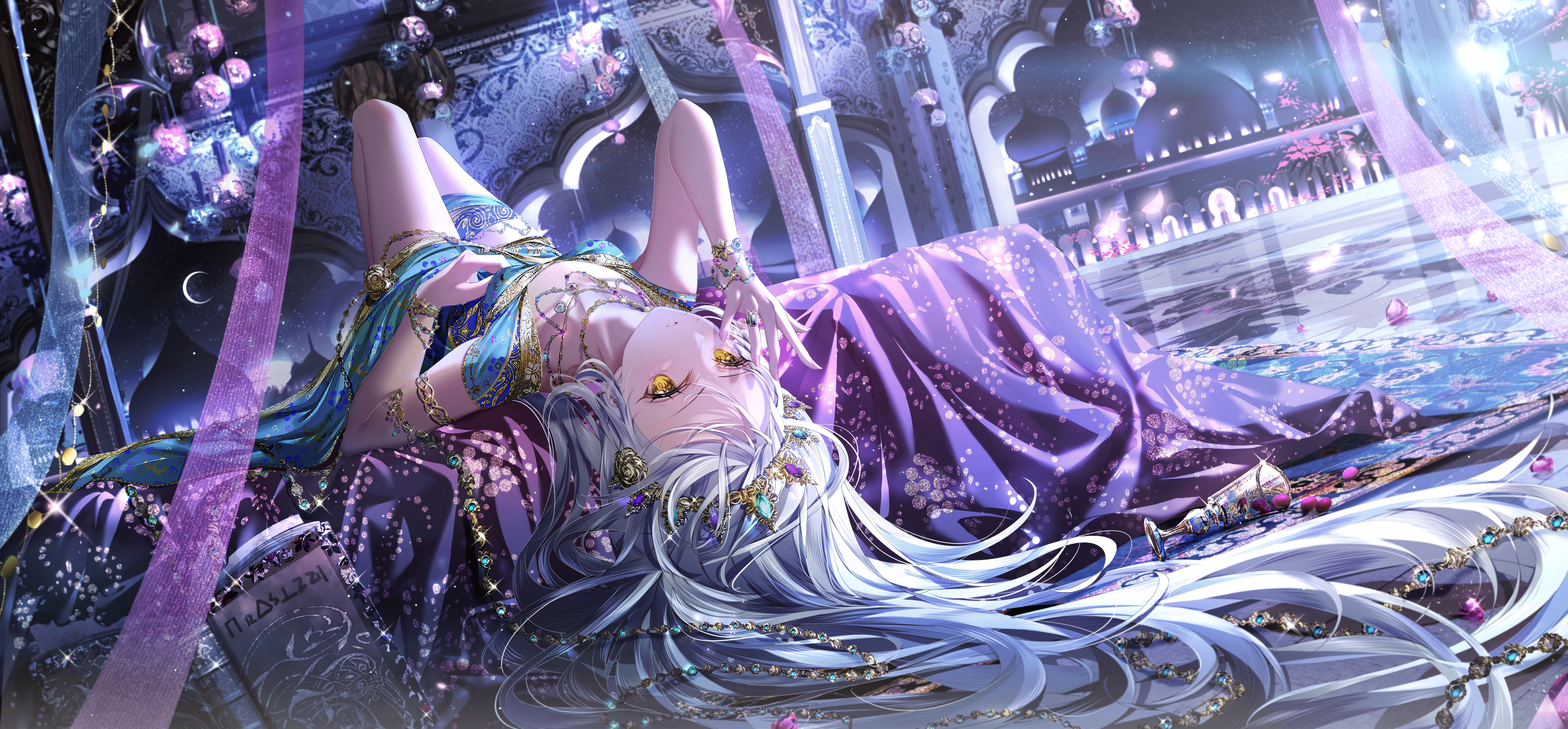 Anime Anime Girls Lying On Back Long Hair Looking At Viewer Yellow Eyes Silver Hair Bed 6721x3125