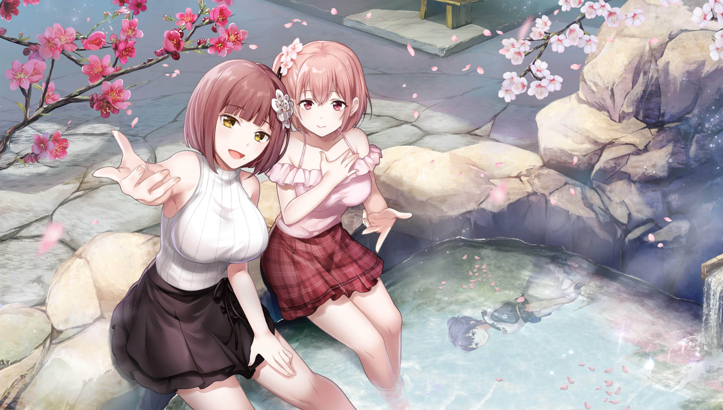 Anime Anime Girls Hot Spring Water Flower In Hair 2400x1360