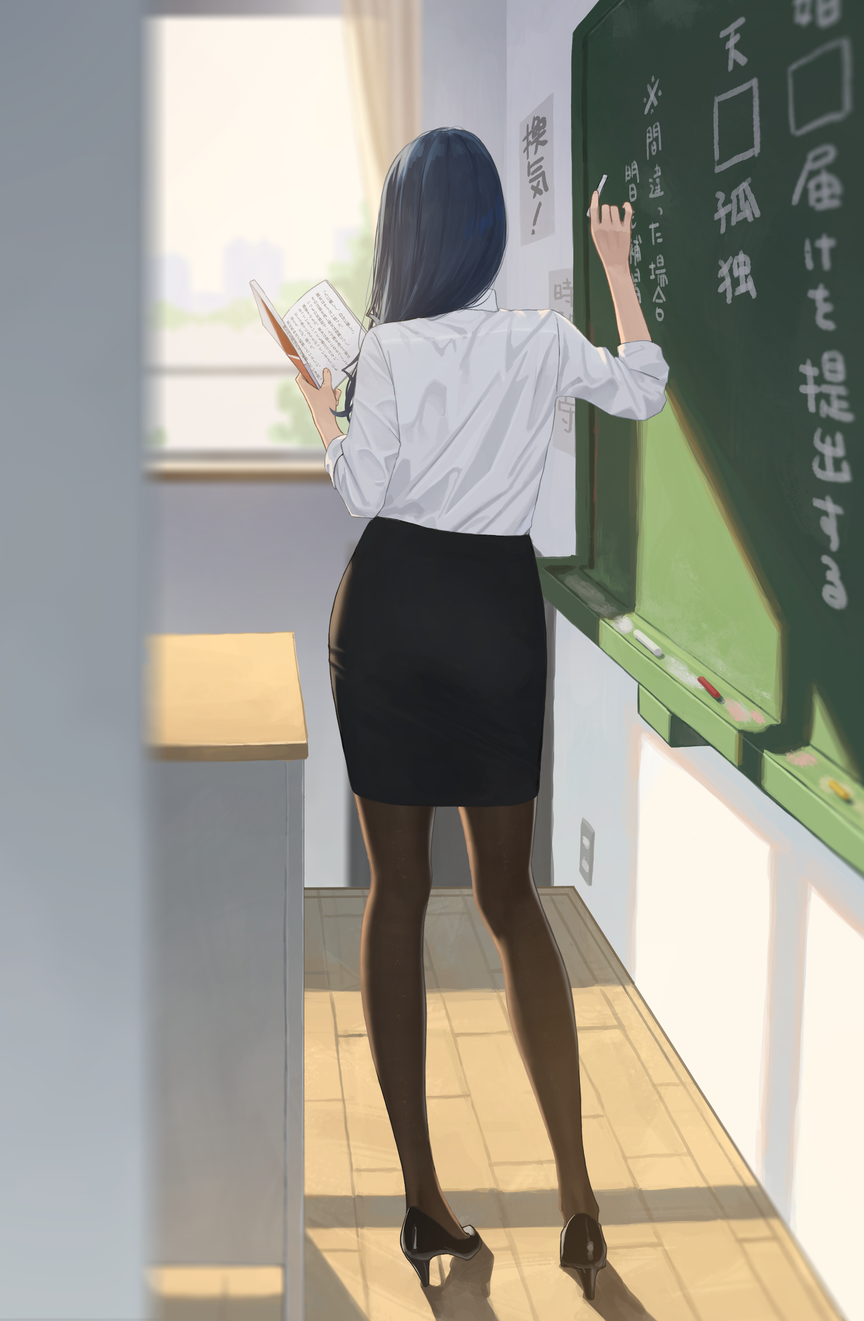 Teachers Classroom Heels Asian Portrait Display Anime Girls Standing Long Hair Window Sunlight Japan 1698x2594