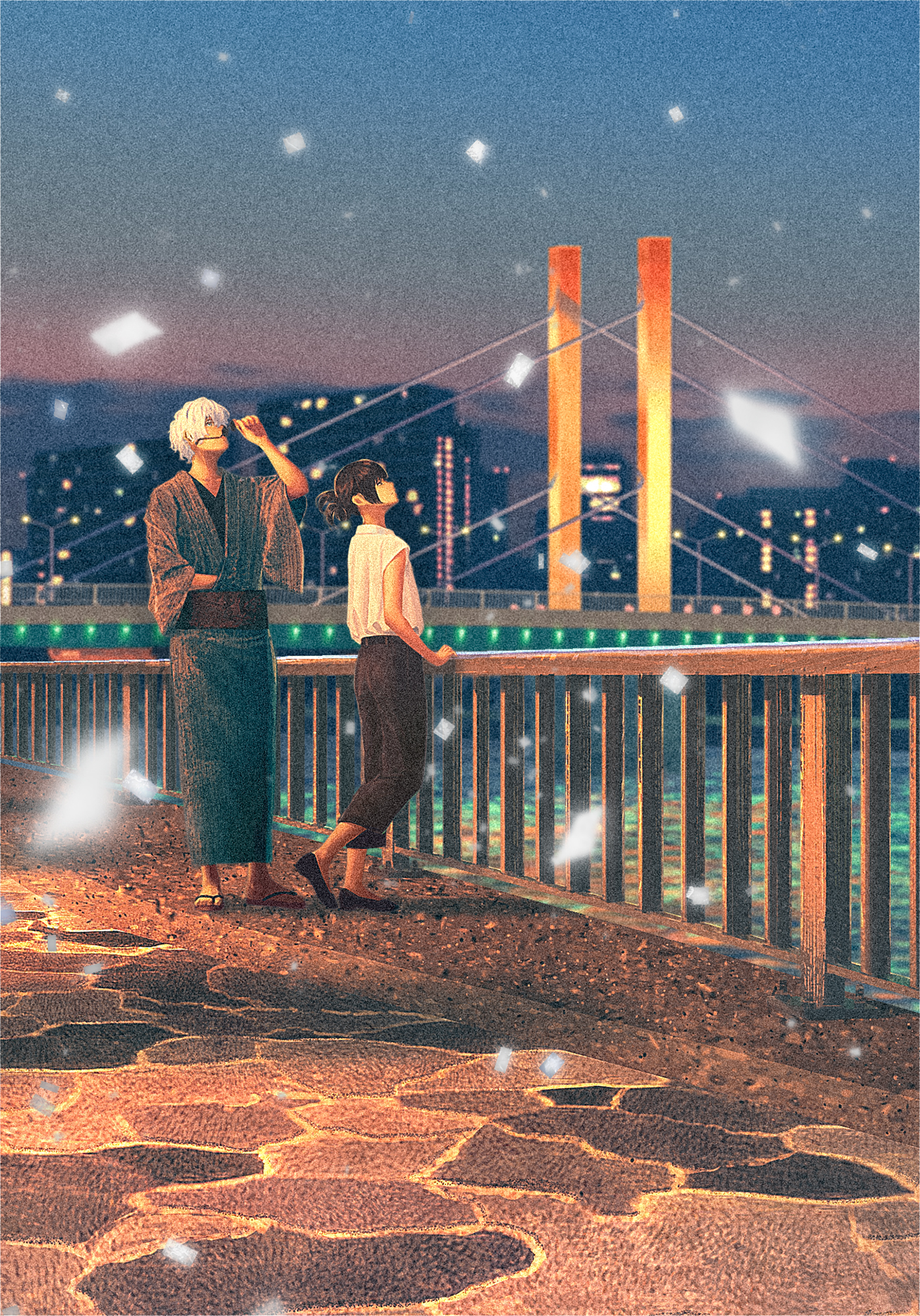Tamaki Artist Couple Confetti Japanese Clothes Looking Away Looking Up Yukata Railing Sky Bridge Cit 1398x2000