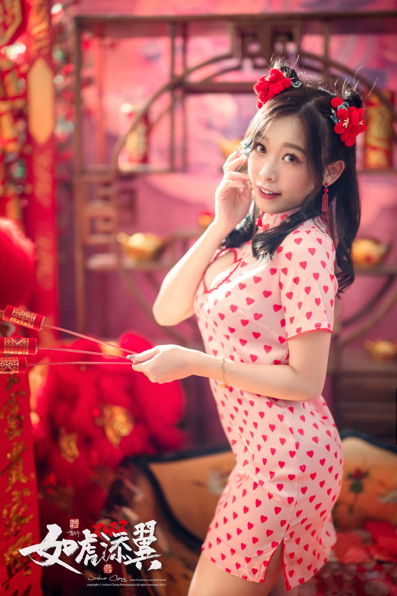 Polka Dots Dress Asian Women Oriental Long Hair Brunette Red Touching Face Joshua Chang Looking At V 1365x2048
