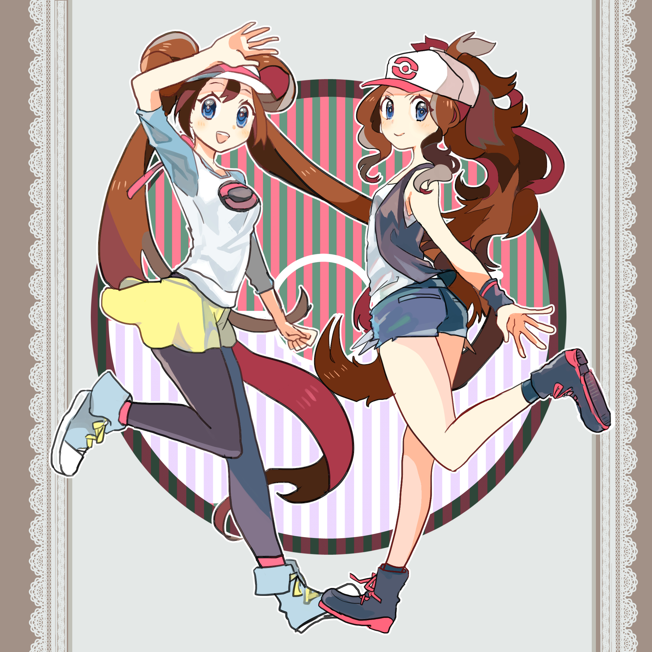 Anime Anime Girls Pokemon Rosa Pokemon Hilda Pokemon Long Hair Twintails Ponytail Brunette Two Women 2219x2219