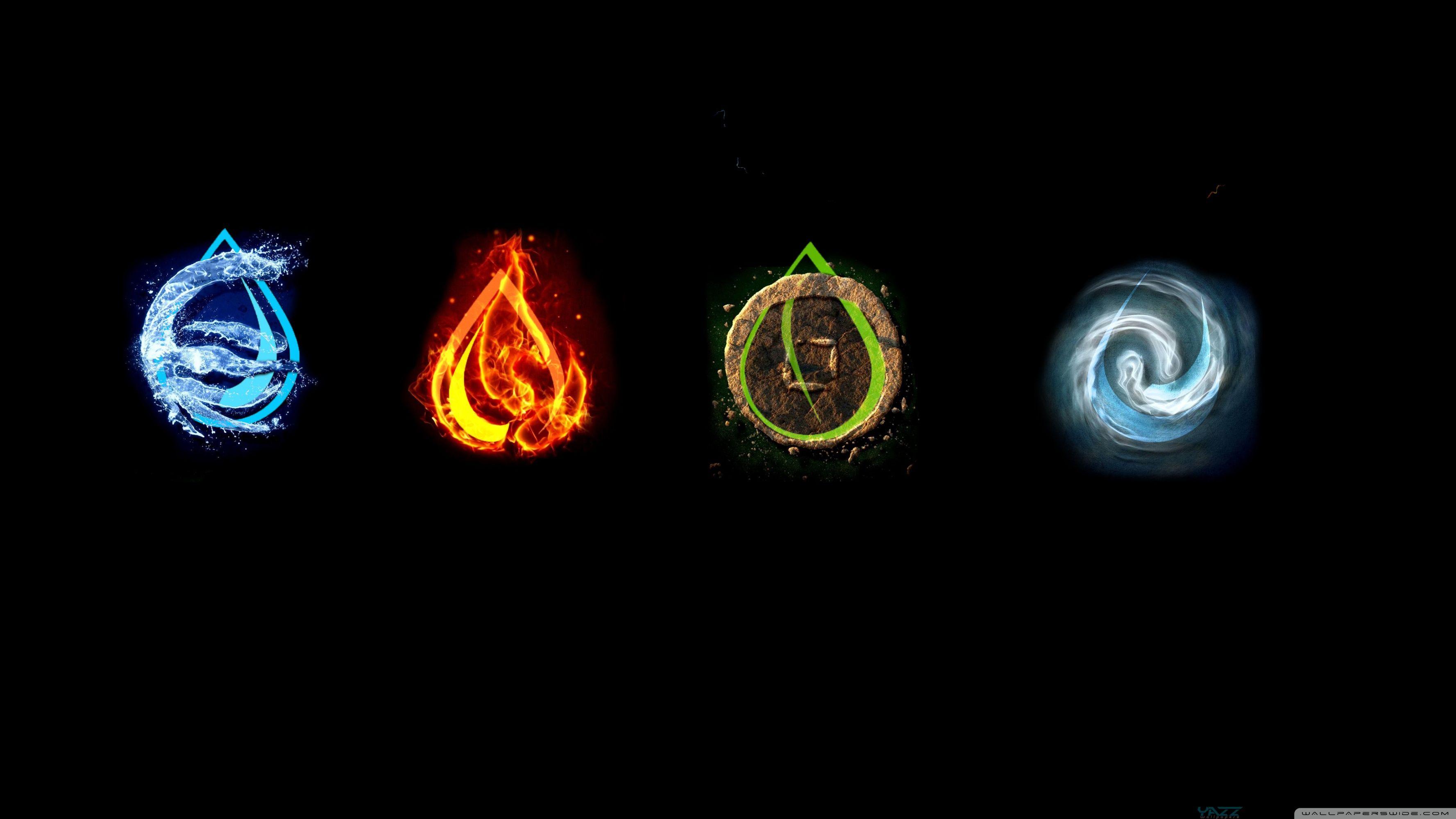 Elemental Water Fire Wind Earth Avatar The Last Airbender Black Background Simple Background Minimal 3554x1999