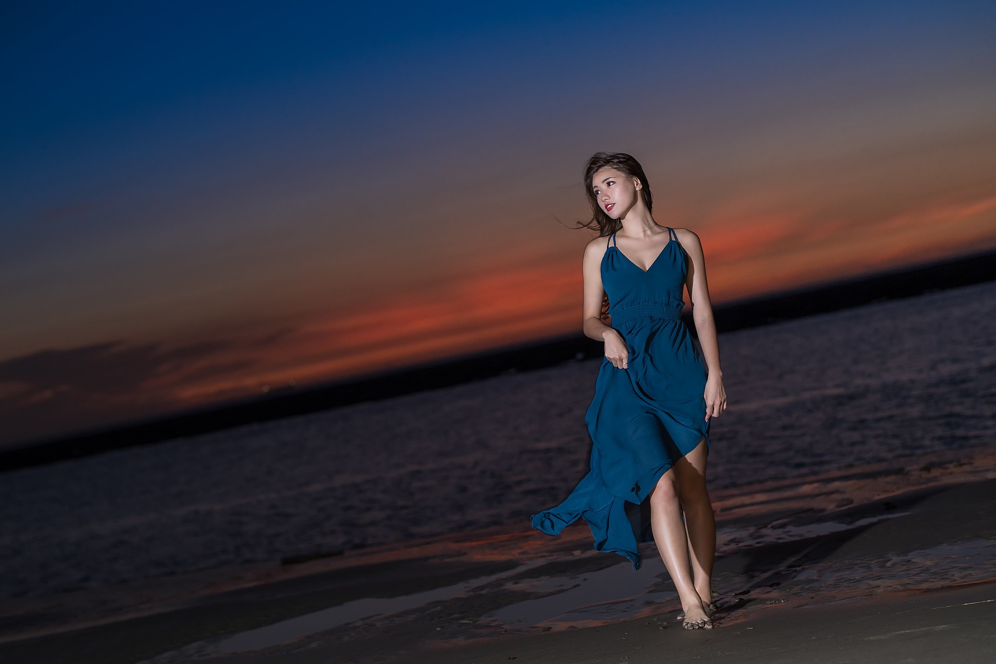 Model Red Lipstick Asian Blue Dress Walking In Water Seashore Looking Away Women Outdoors 2048x1366