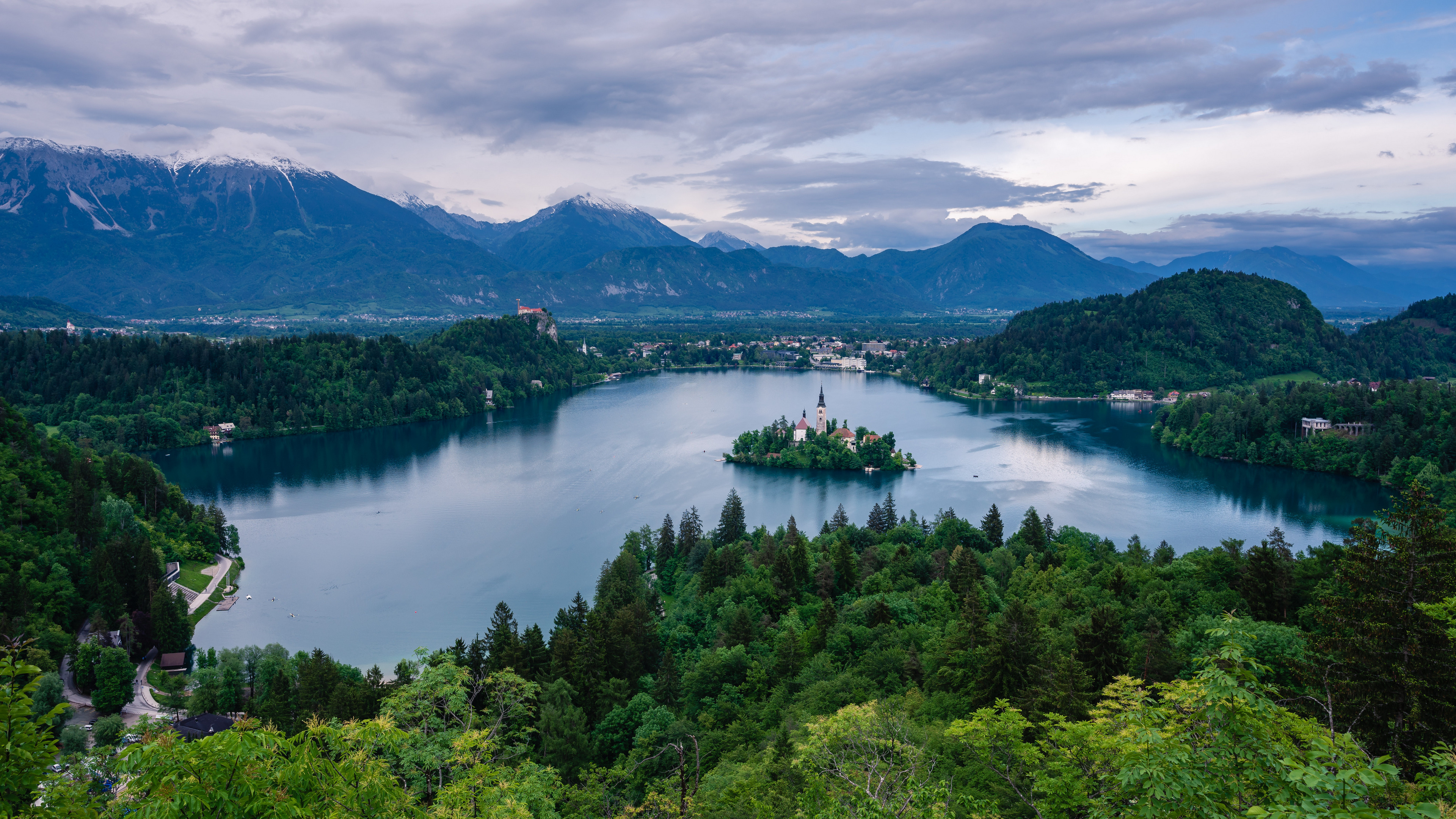 Slovenia Landscape Nature Lake Trees Sky Forest Island Clouds Building Lake Bled Water Mountains 3840x2160