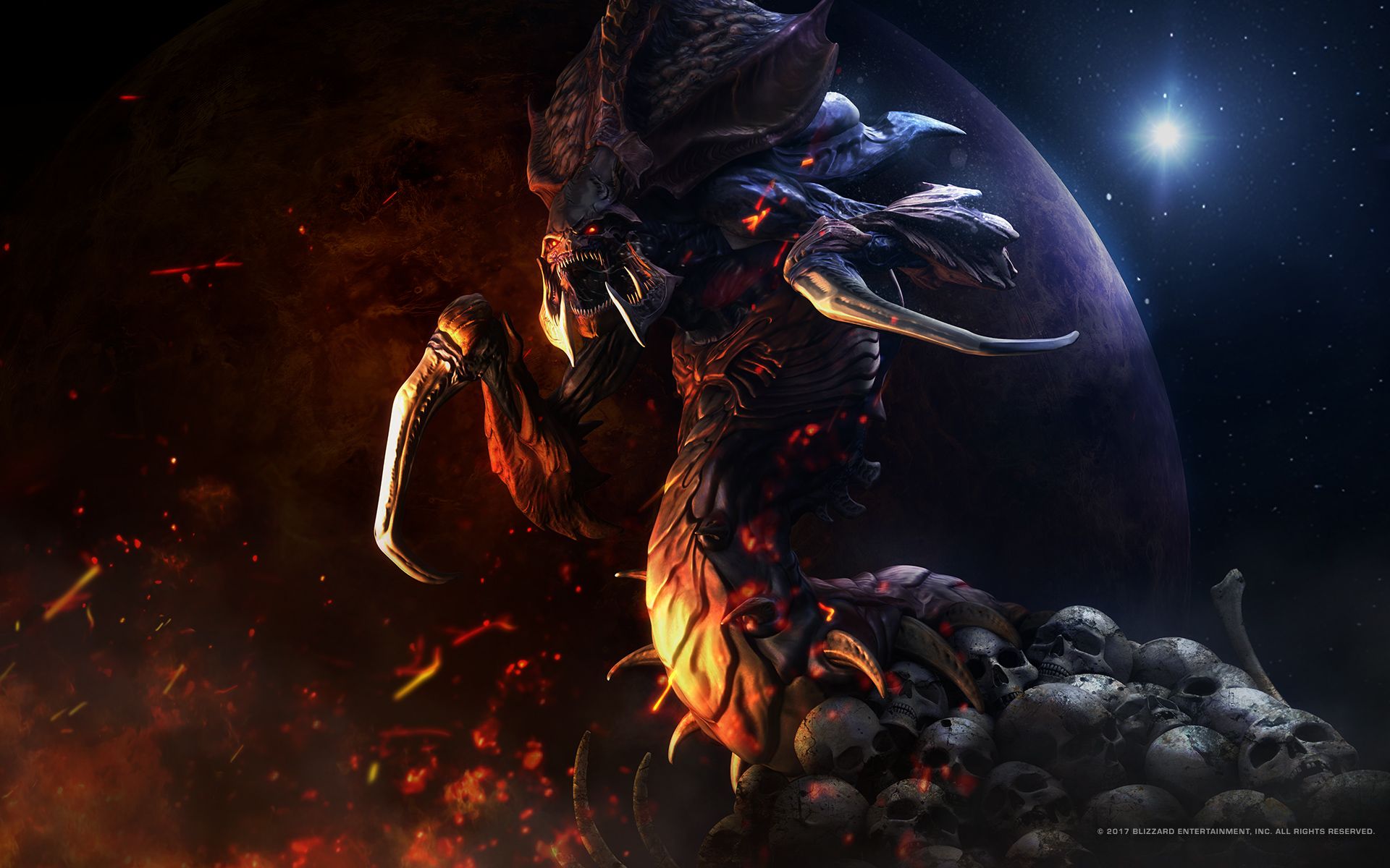 PC Gaming StarCraft Zerg Skull Sparks Floating Particles Fangs Claws Creature Starscape Planet Glowi 1920x1200