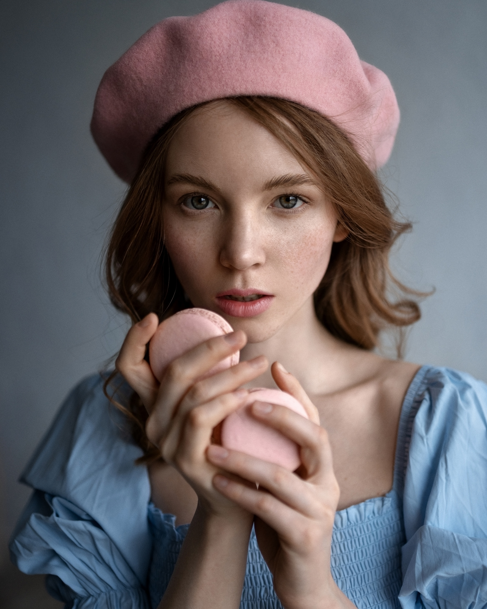 Aleksandr Kurennoi Women Hat Pink Brunette Freckles Blue Clothing Food Portrait Macaroons Simple Bac 1600x2000