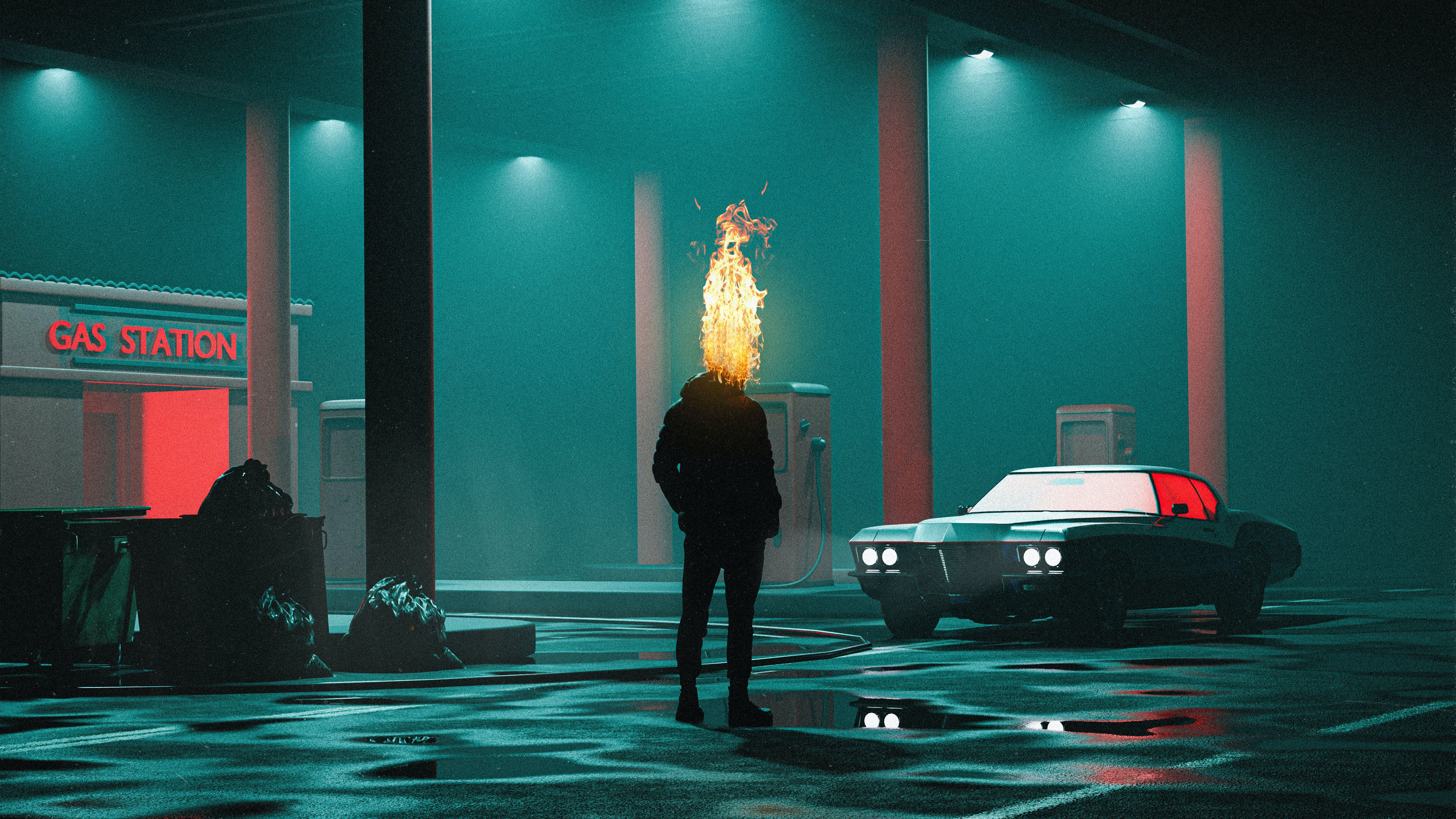 Gas Station Digital Digital Art Artwork Fire Reflection Dark Lights Abstract Car Vehicle 3840x2160