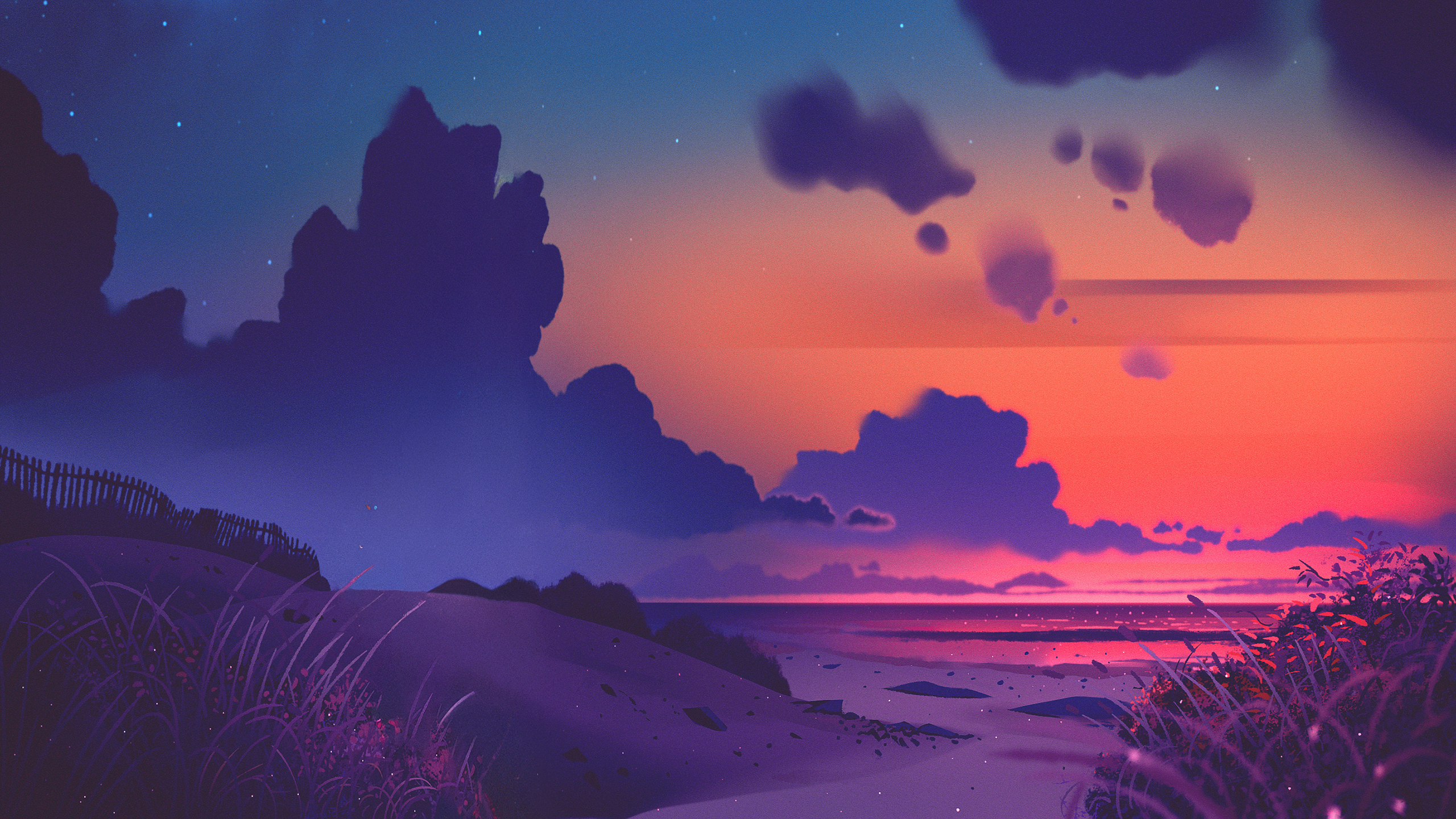 Digital Digital Art Artwork Illustration Landscape Nature Clouds Sunset Beach Sea Dunes Sand Plants  2560x1440