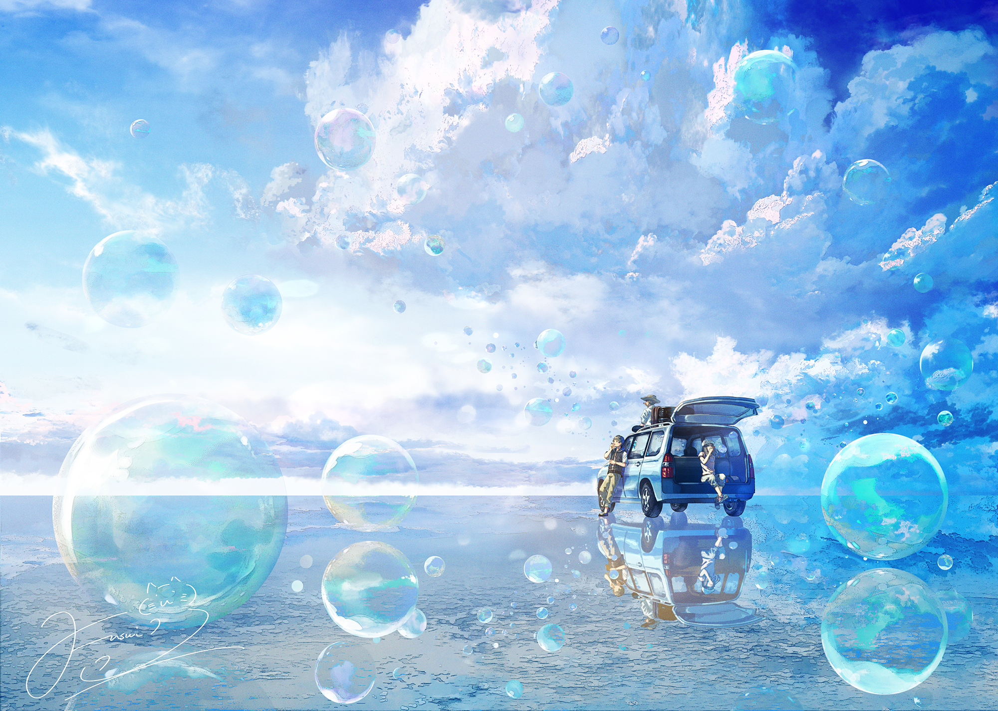 Anime Pixiv Water Sphere Reflection Anime Girls Anime Boys Bubbles Sky Clouds Vehicle 2000x1426