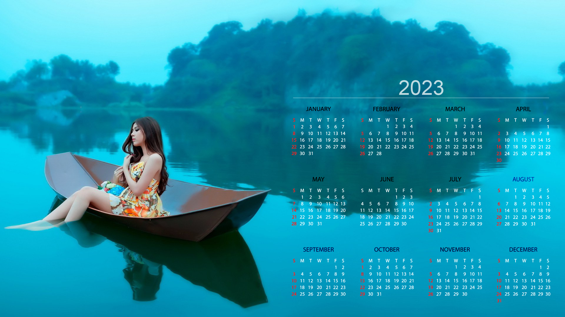 2023 Year Calendar Lake Women Outdoors Long Hair Boat Flower Dress Flowers Water Women 1920x1080
