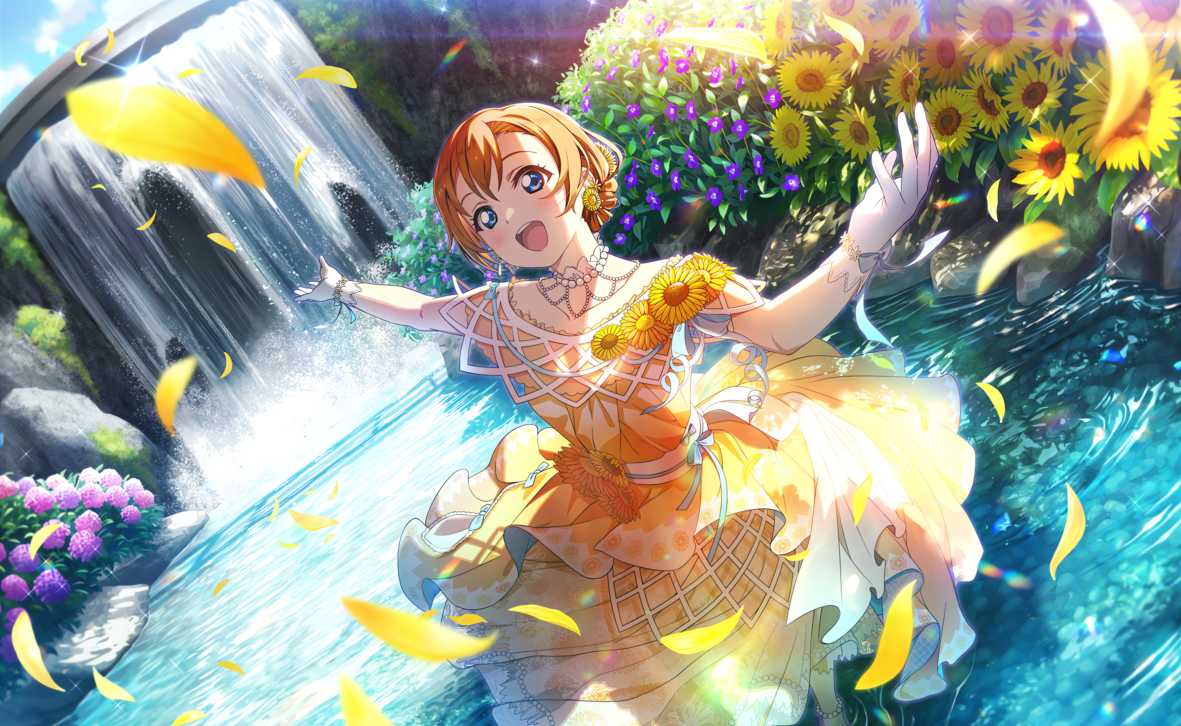 Kousaka Honoka Love Live Anime Anime Girls Dress Water Petals Open Mouth Blushing Flowers Waterfall  4096x2520