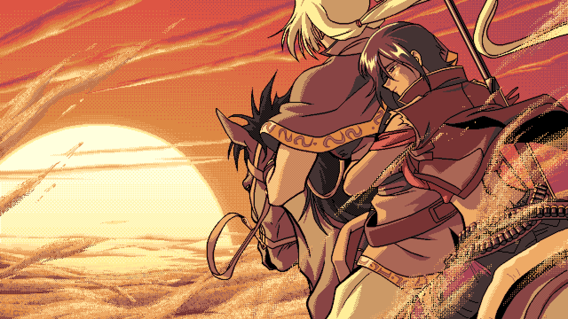 Pixel Art Game CG Anime Girls PC 98 Digital Art Smiling Sunset Sunset Glow Horse Horseback Anime Boy 1920x1080