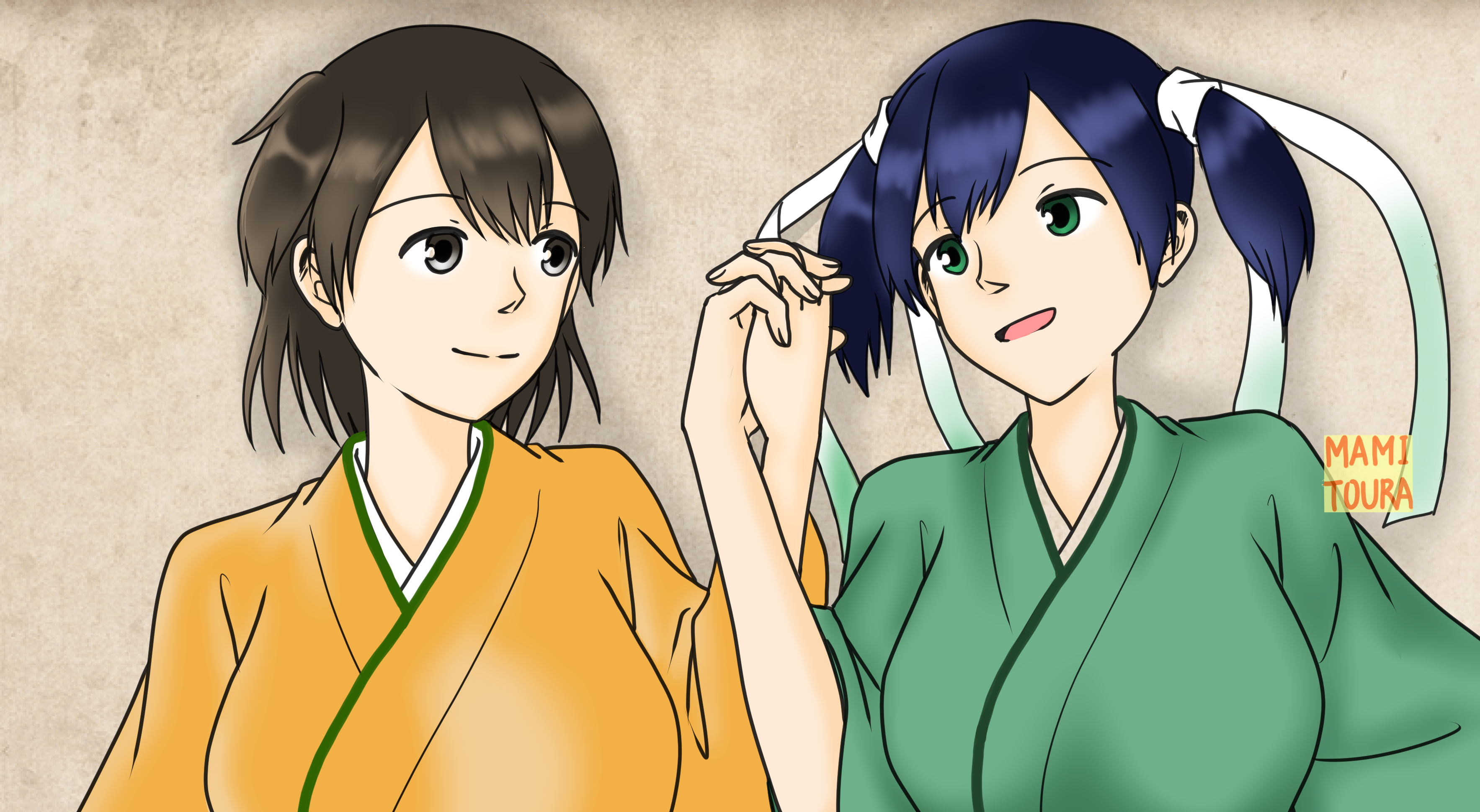 Anime Anime Girls Kantai Collection Souryuu KanColle Hiryuu KanColle Twintails Blue Hair Short Hair  3534x1940