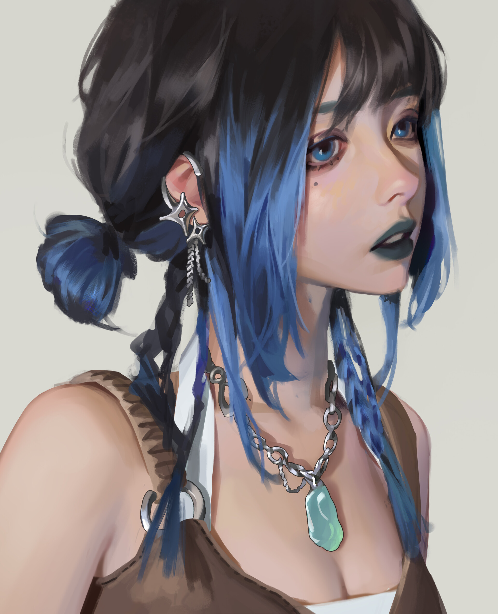 Liu Ming Drawing Women Blue Hair Portrait Jewelry Moles Mole Under Eye Necklace Portrait Display Two 1920x2364