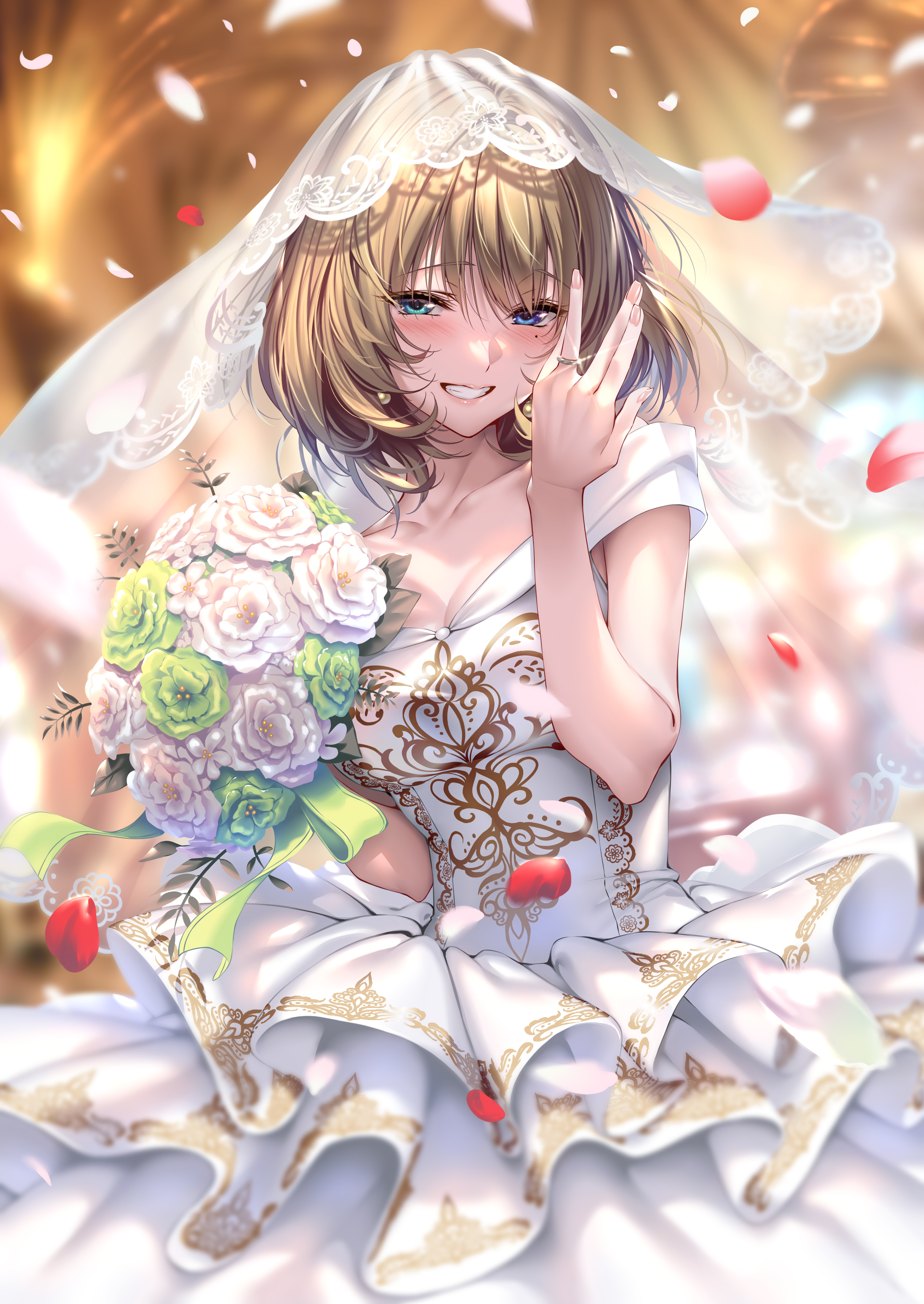 Anime Girls Anime Blonde Short Hair Blushing Blue Eyes Weddings Wedding Ring Veils Wedding Attire We 2838x4005