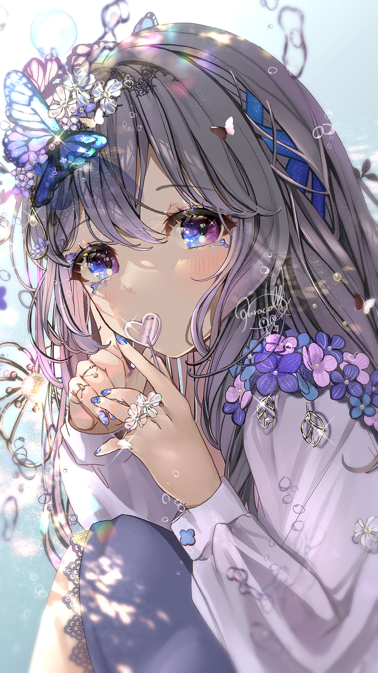 Anime Pixiv Anime Girls Portrait Display Flowers Bow Tie Looking At Viewer Signature Blushing Rings  1300x2313