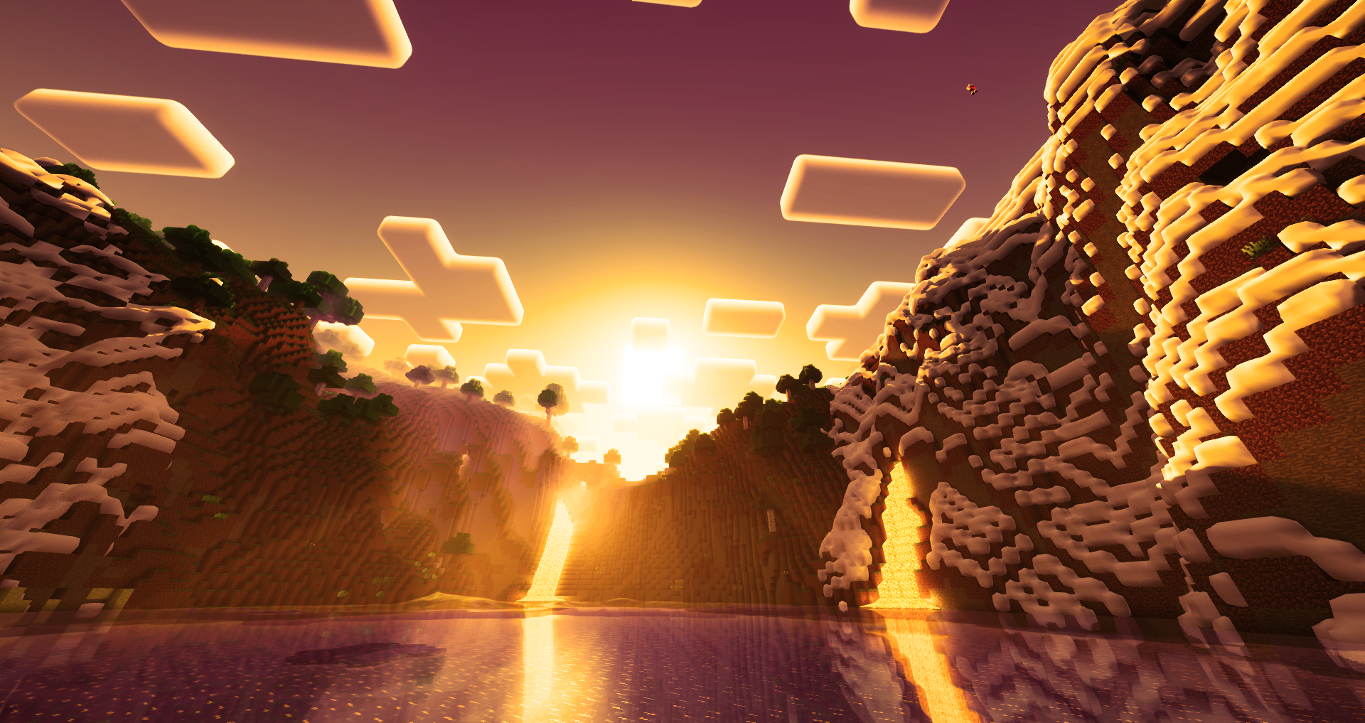 Minecraft Lava Water Sky Clouds Video Games Snow Trees Video Game Art Sunlight CGi Sunset Glow Sunse 1920x1017