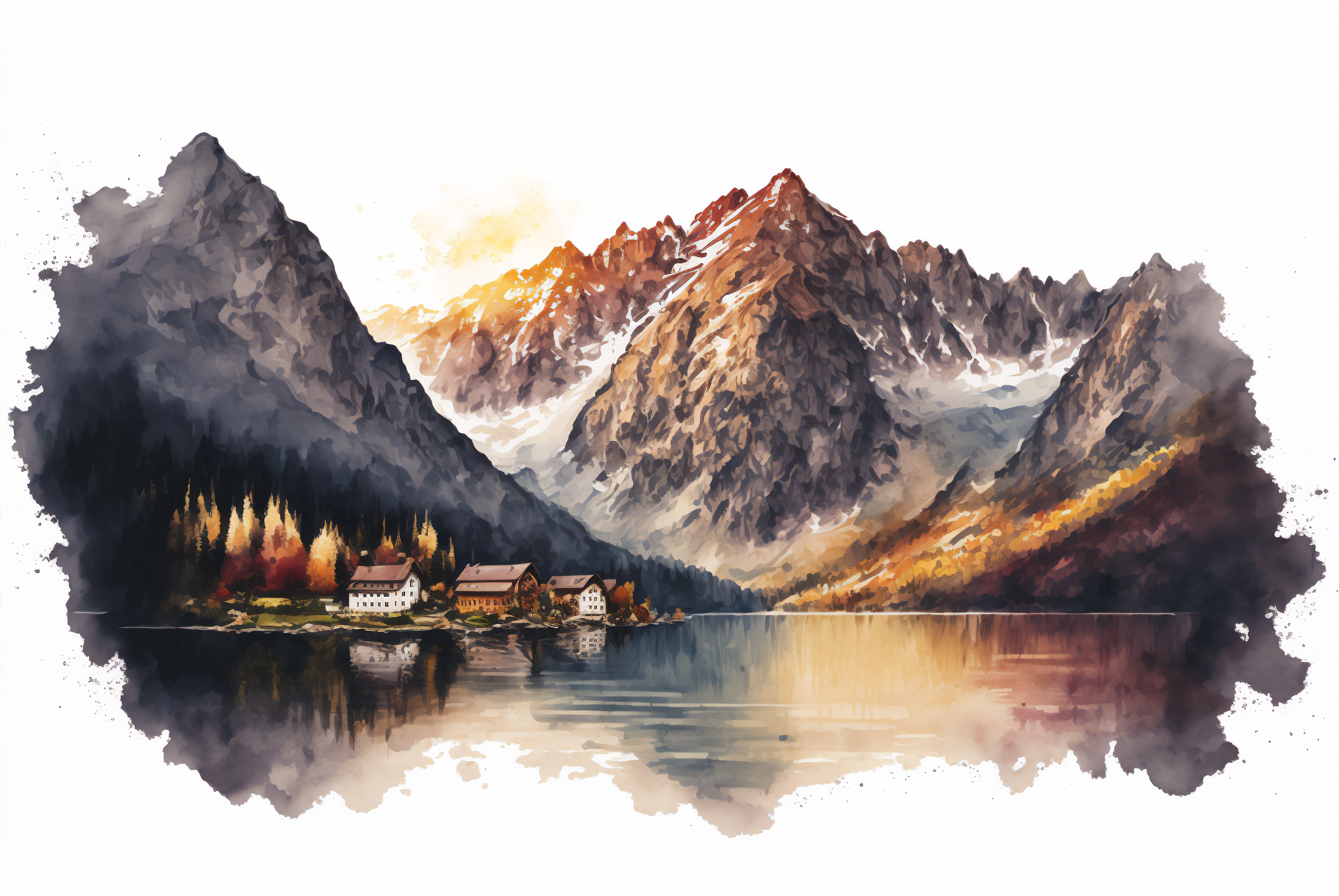 Ai Art Watercolor Style Mountains Lake Landscape Water Reflection 3060x2048