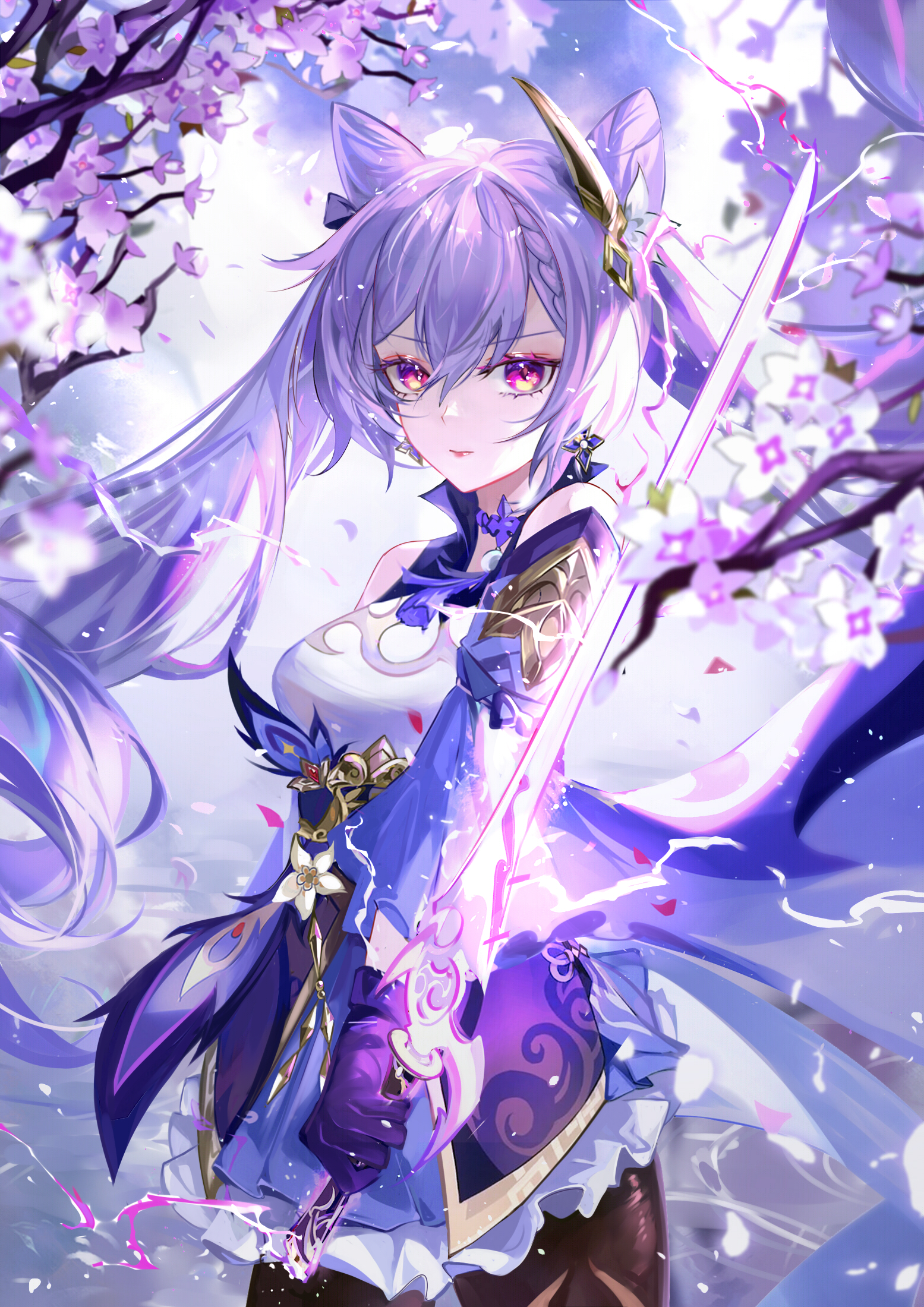 Anime Girls Genshin Impact Keqing Genshin Impact Sword Vertical Purple Hair Purple Eyes Flowers Peta 1555x2200